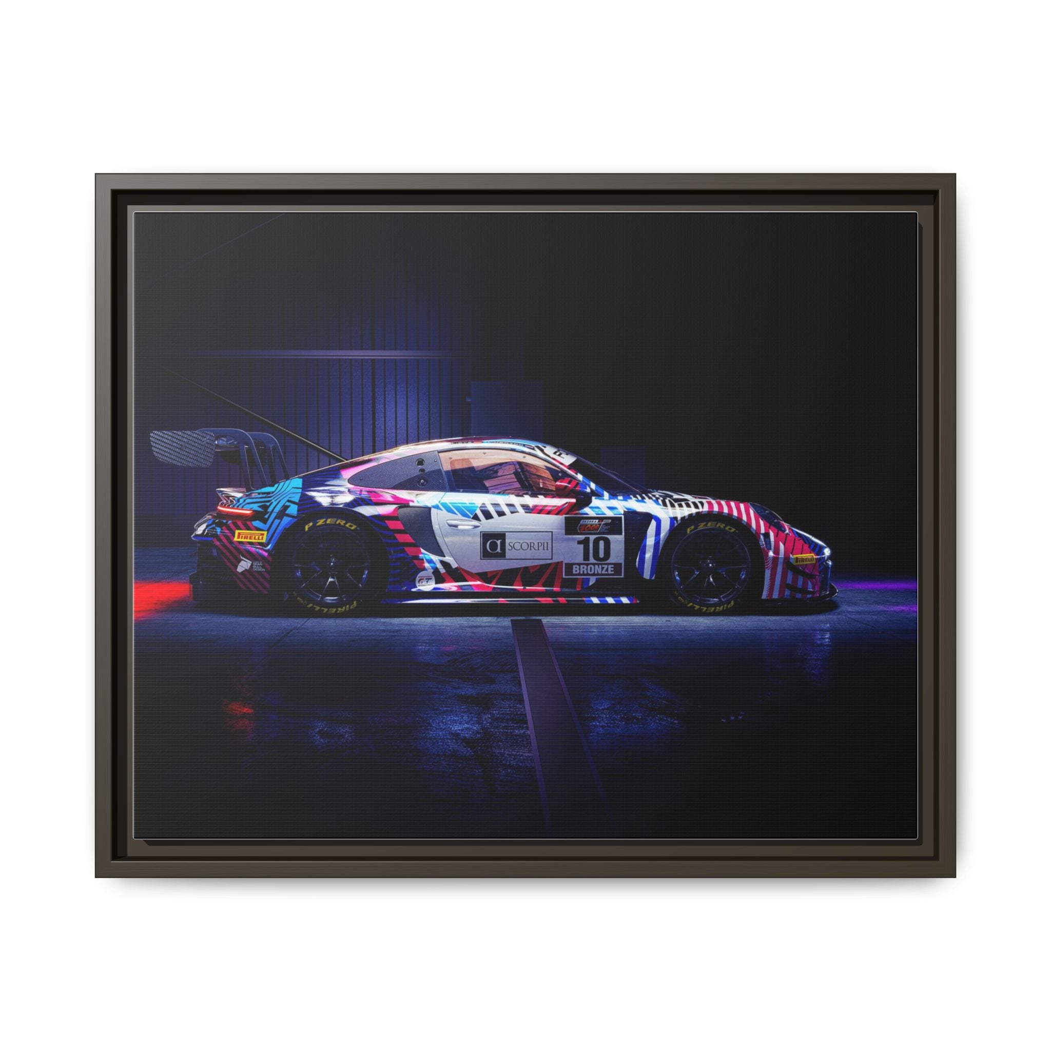 Framed Matte Canvas Print — Neon Racecar Wall Art