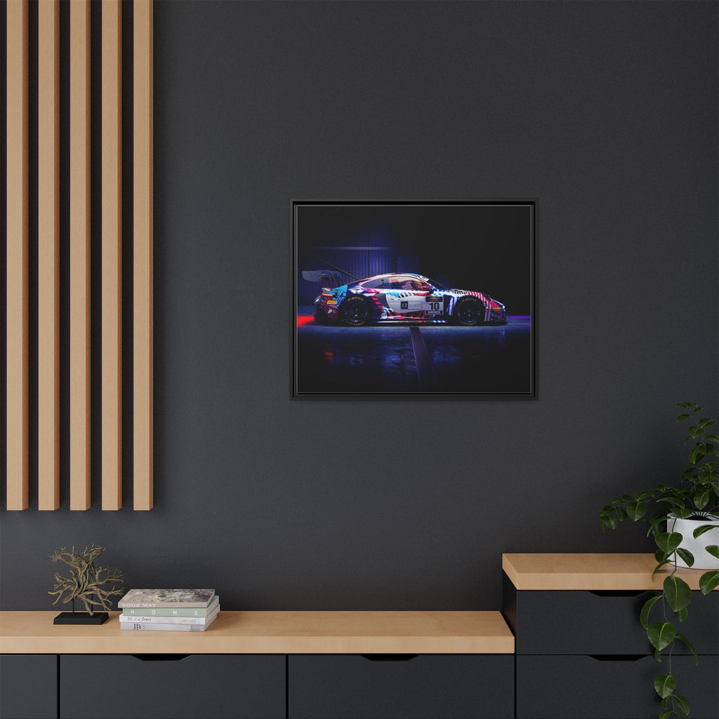 Framed Matte Canvas Print — Neon Racecar Wall Art