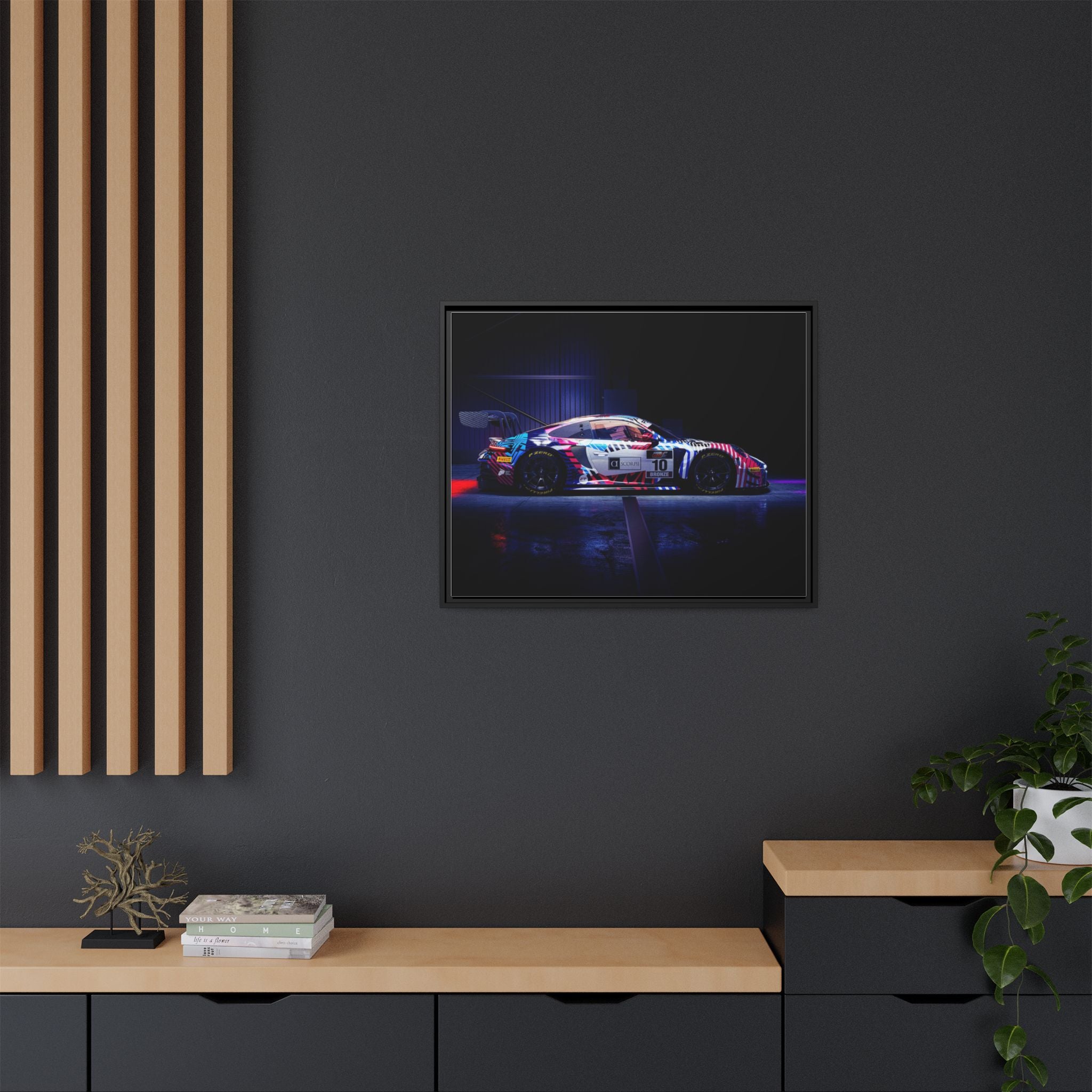 Framed Matte Canvas Print — Neon Racecar Wall Art