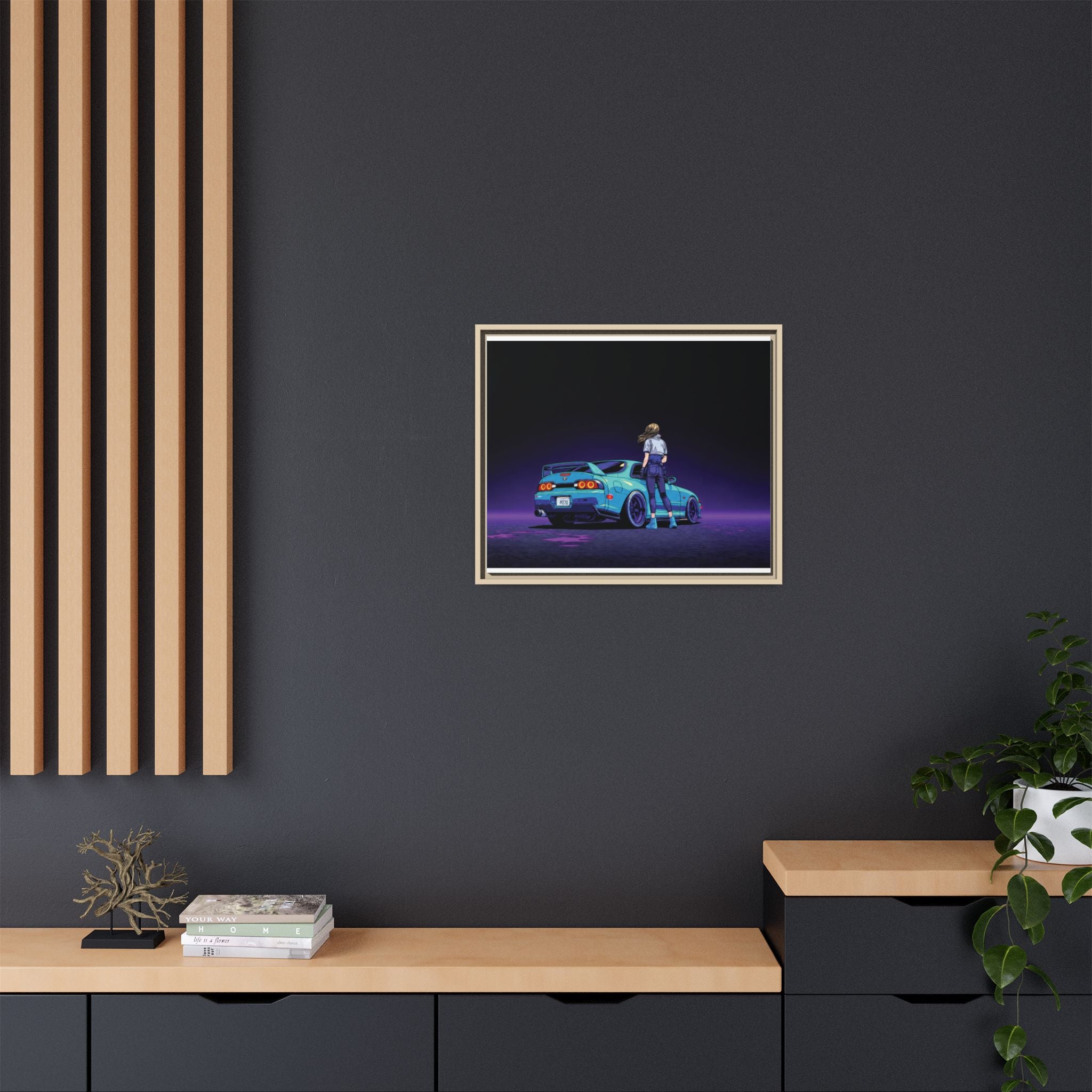 Retro Neon Race Car Poster Matte Canvas Framed | Anime Driver Wall Art