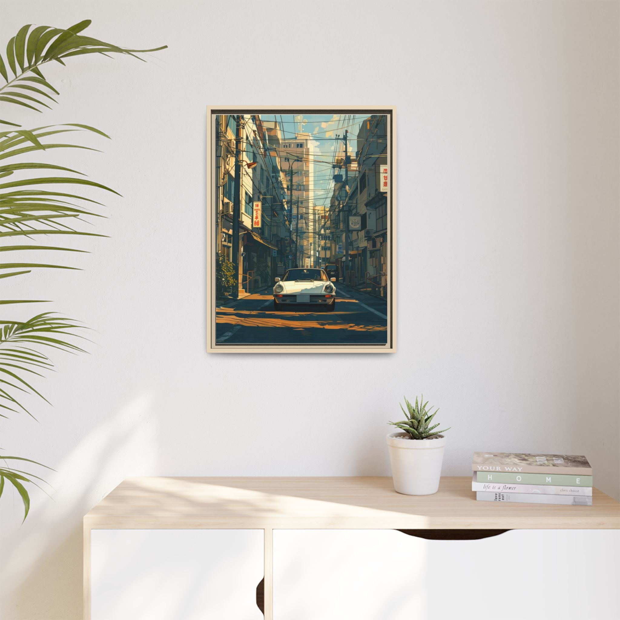 Vintage Sports Car Cityscape Framed Canvas Print