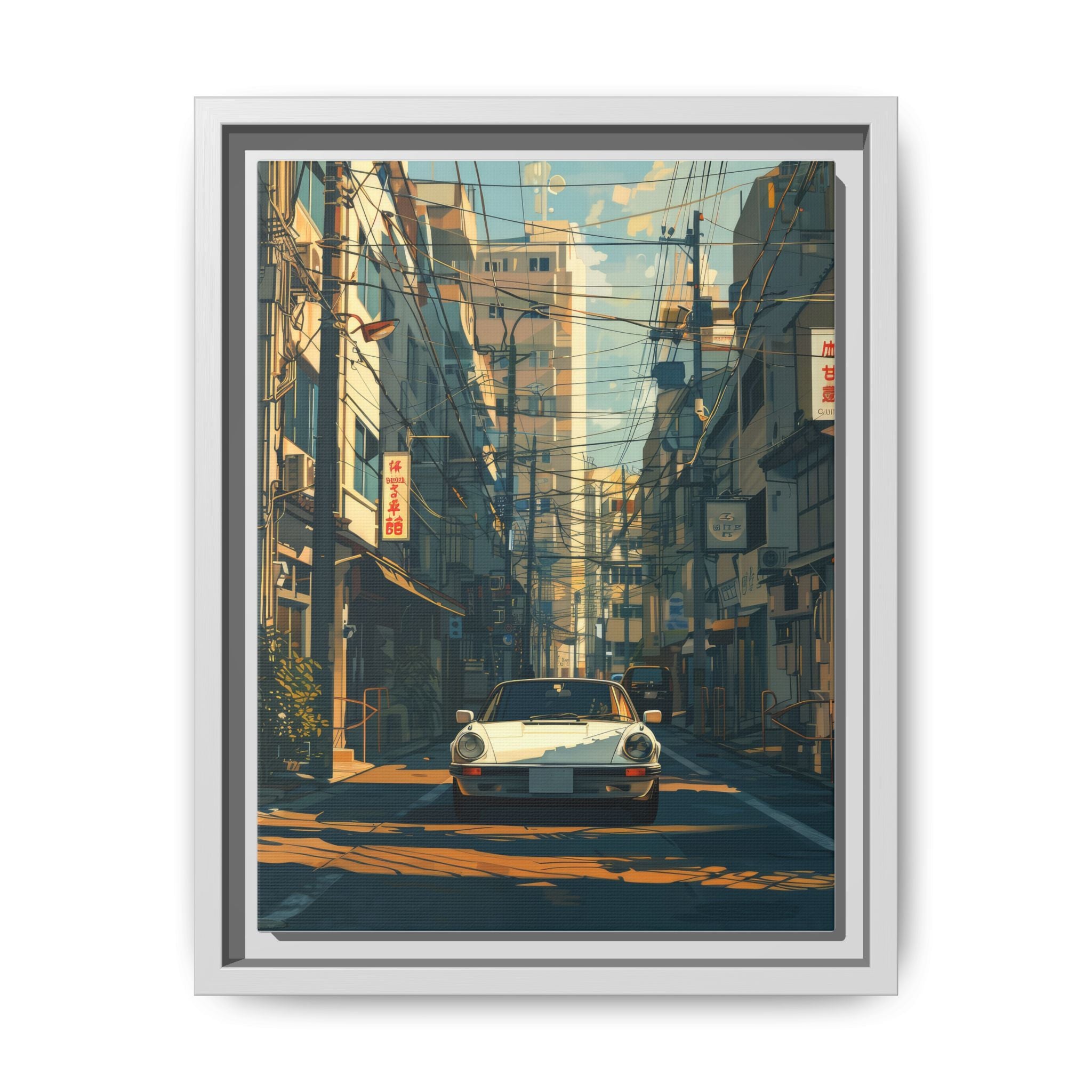 Vintage Sports Car Cityscape Framed Canvas Print