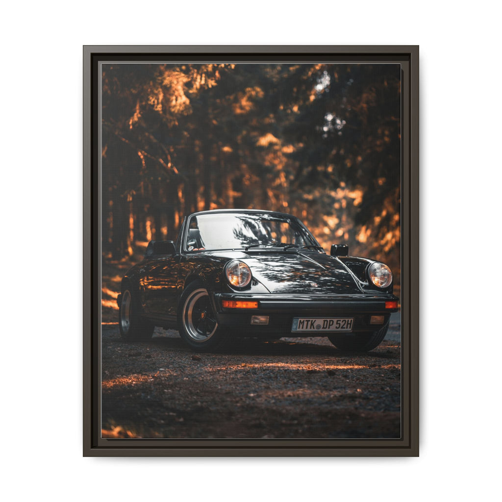 Framed Matte Canvas Print — Vintage Black Porsche in Autumn Forest