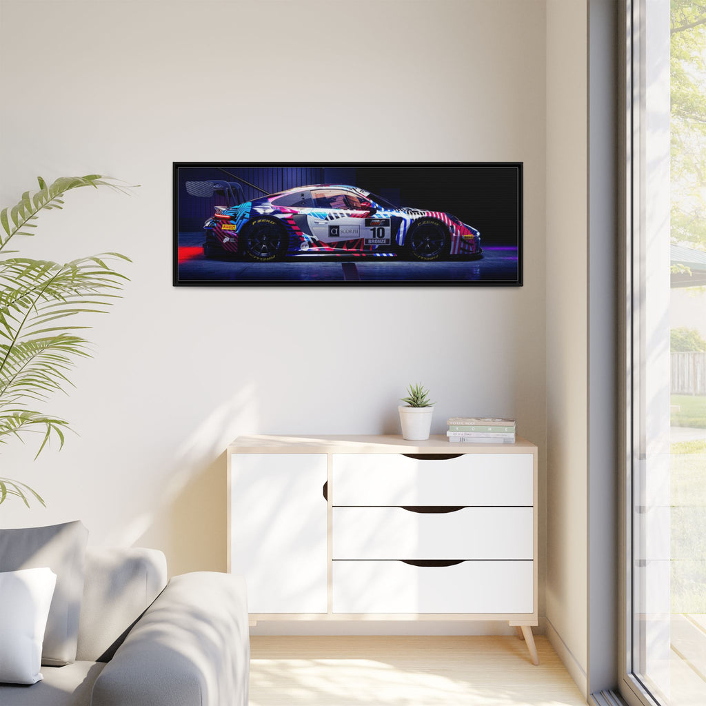 Framed Matte Canvas Print — Neon Racecar Wall Art