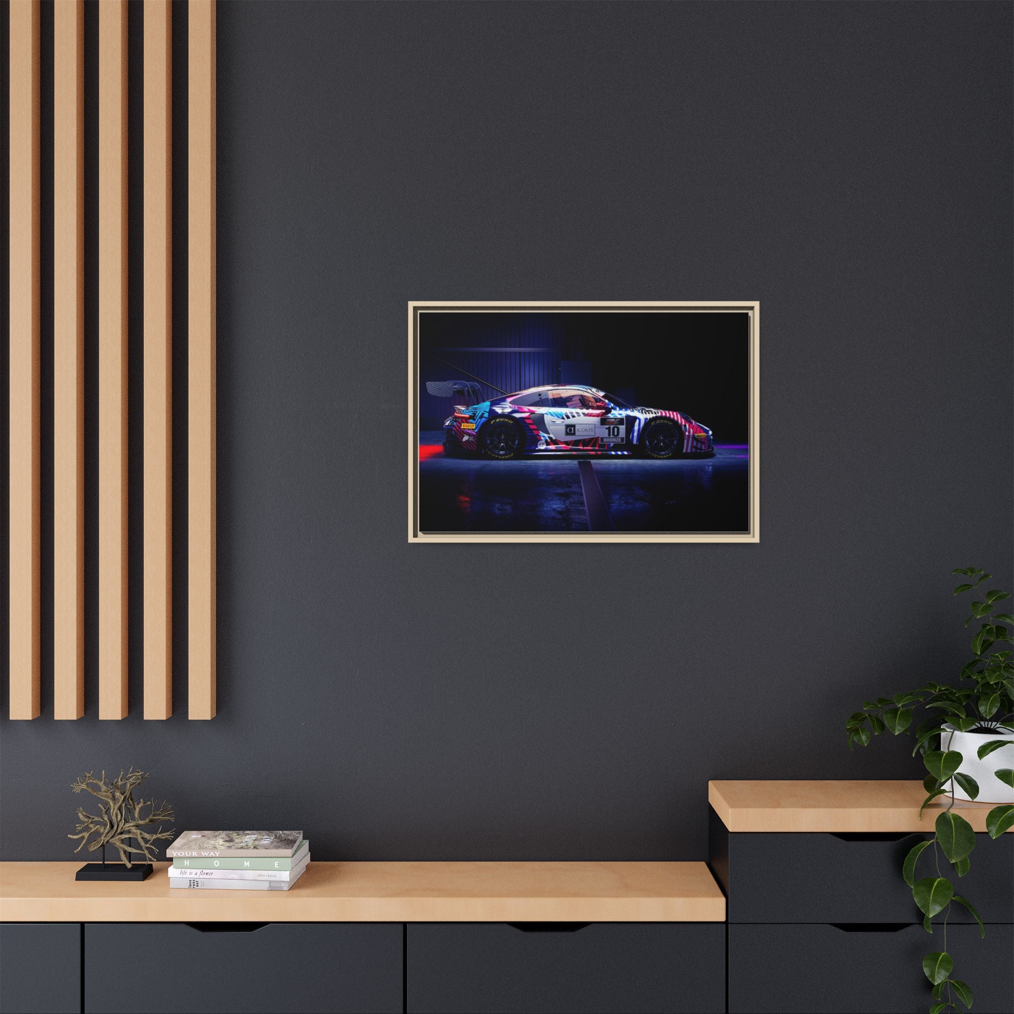 Framed Matte Canvas Print — Neon Racecar Wall Art