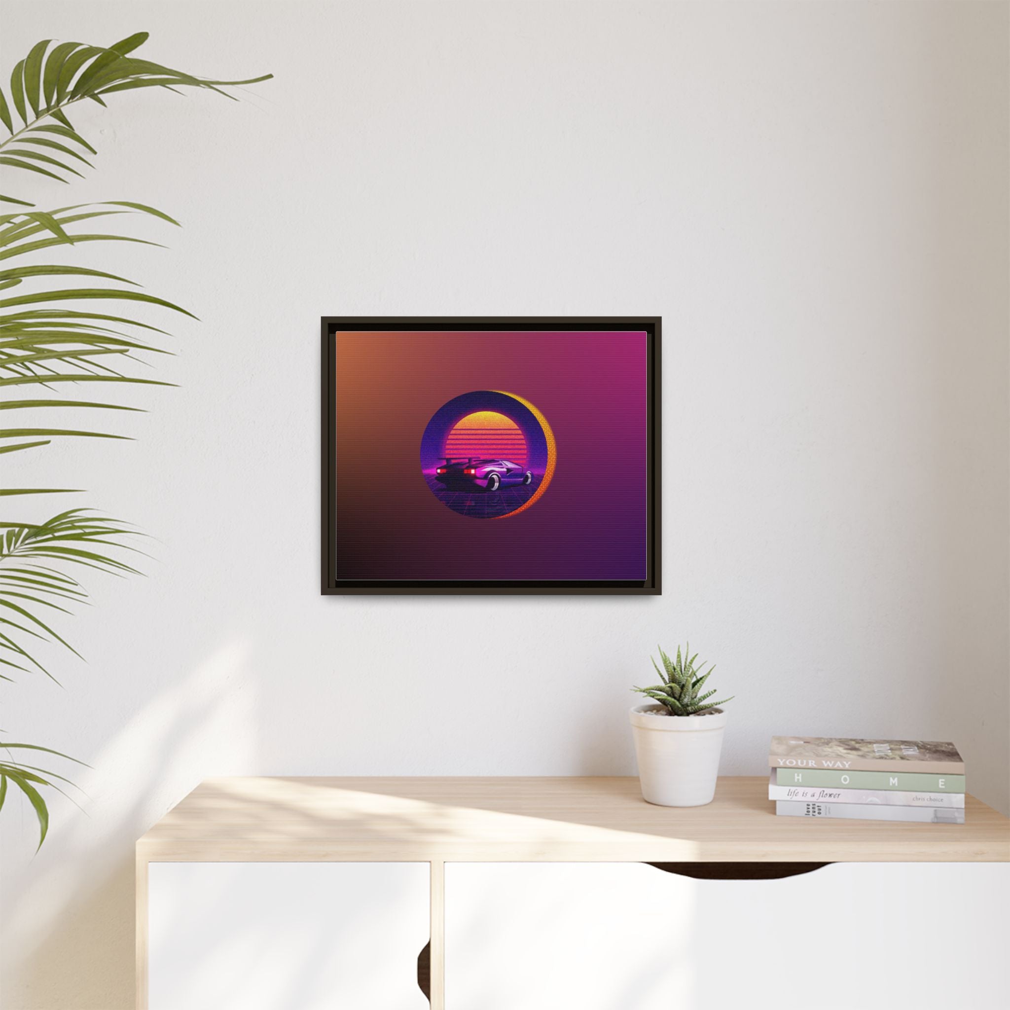 Retro Sunset Sports Car Matte Canvas Framed Wall Art