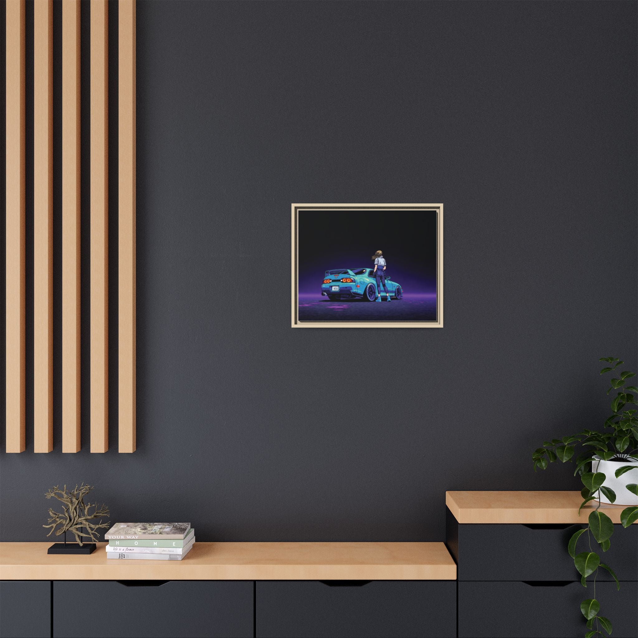Retro Neon Race Car Poster Matte Canvas Framed | Anime Driver Wall Art