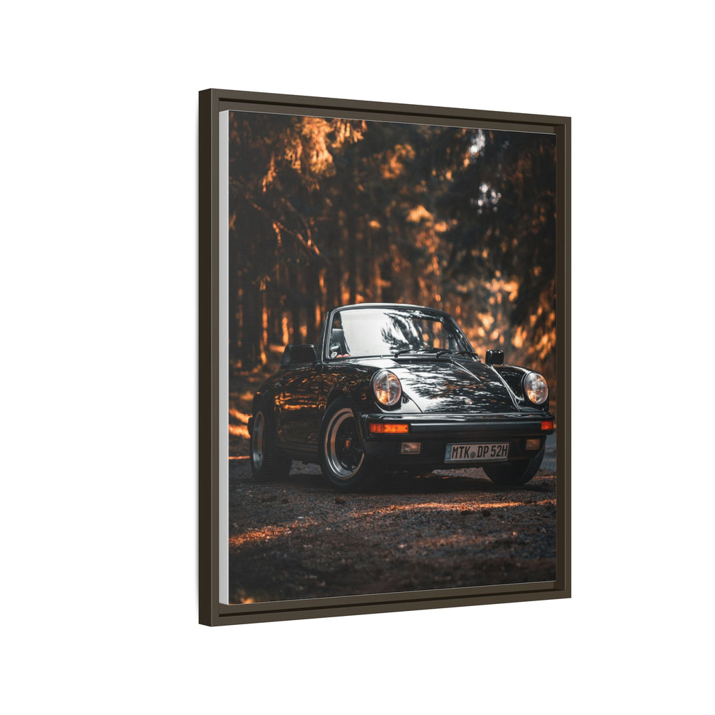 Framed Matte Canvas Print — Vintage Black Porsche in Autumn Forest