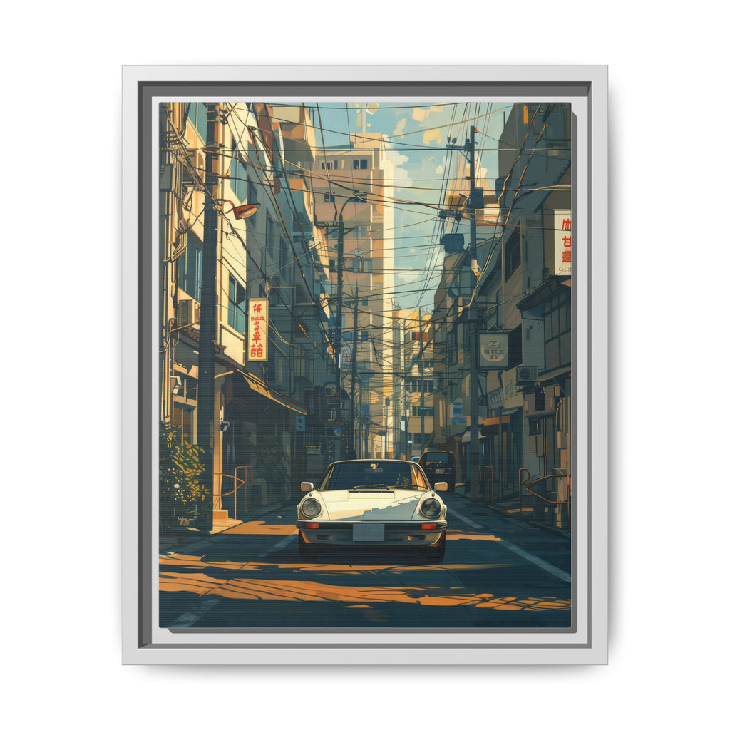 Vintage Sports Car Cityscape Framed Canvas Print