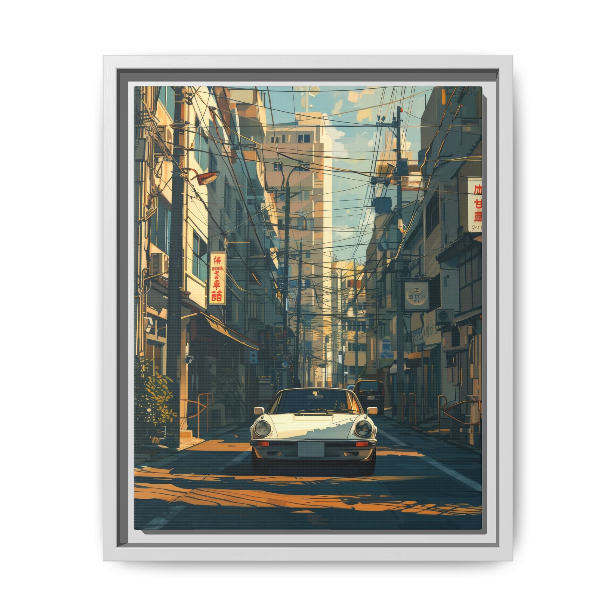 Vintage Sports Car Cityscape Framed Canvas Print