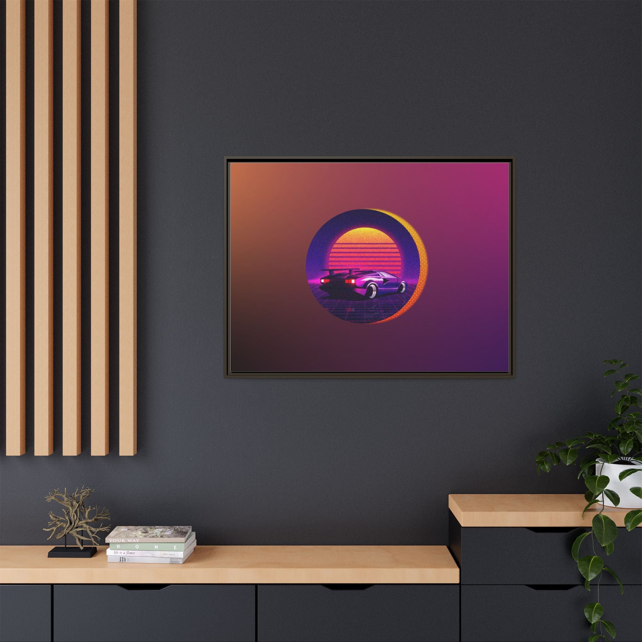 Retro Sunset Sports Car Matte Canvas Framed Wall Art