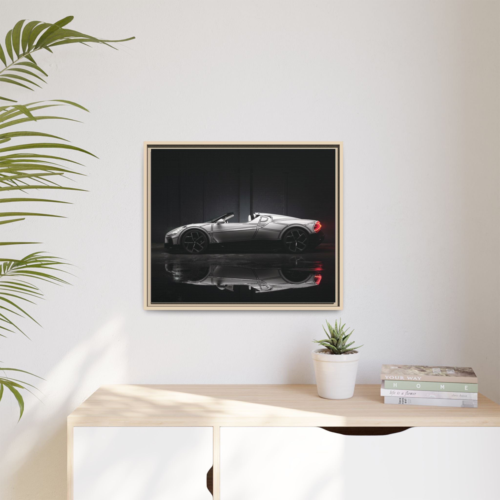 Framed Matte Canvas: Sleek Sports Car Reflection Wall Art