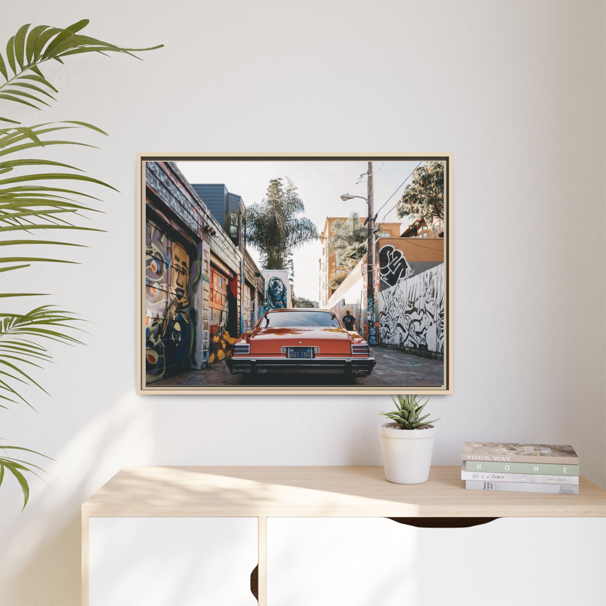 Vintage Chevrolet in Graffiti Alley — Framed Matte Canvas Wall Art