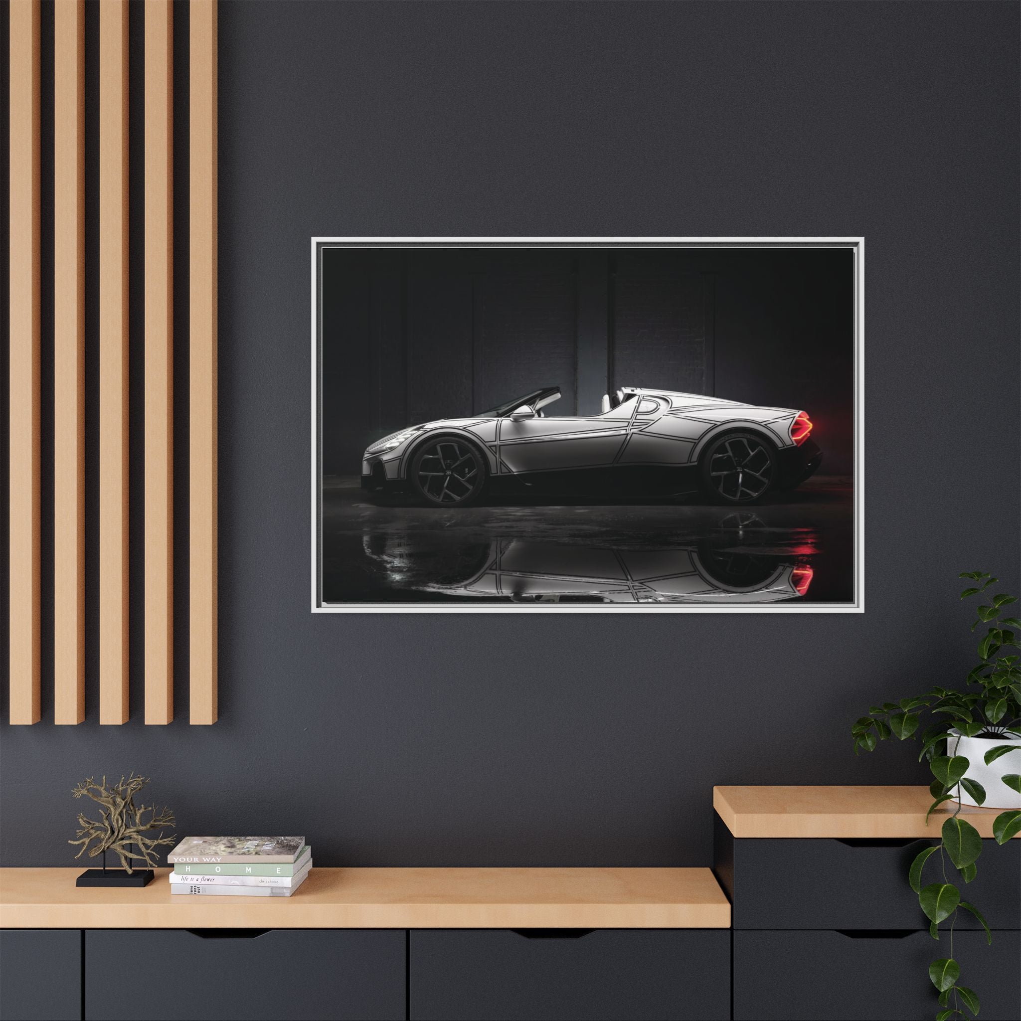Framed Matte Canvas: Sleek Sports Car Reflection Wall Art