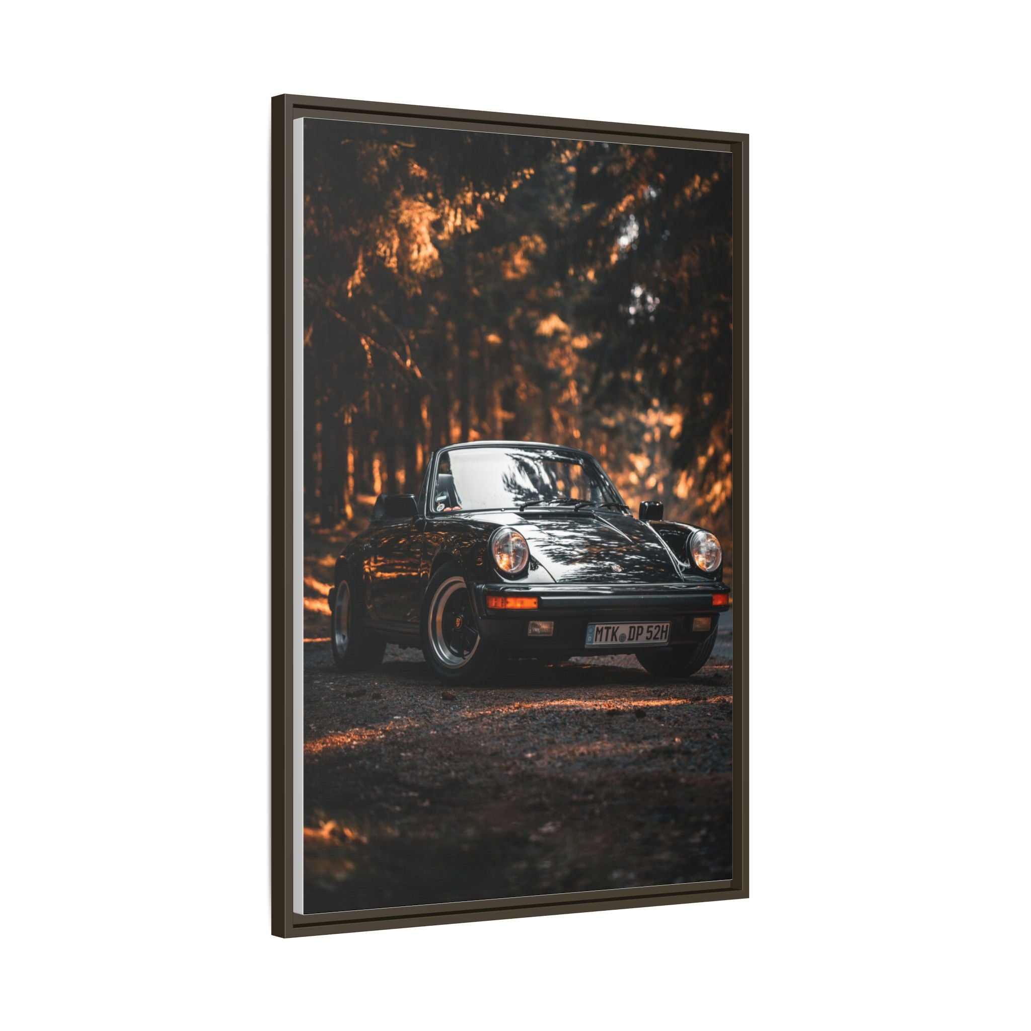 Framed Matte Canvas Print — Vintage Black Porsche in Autumn Forest
