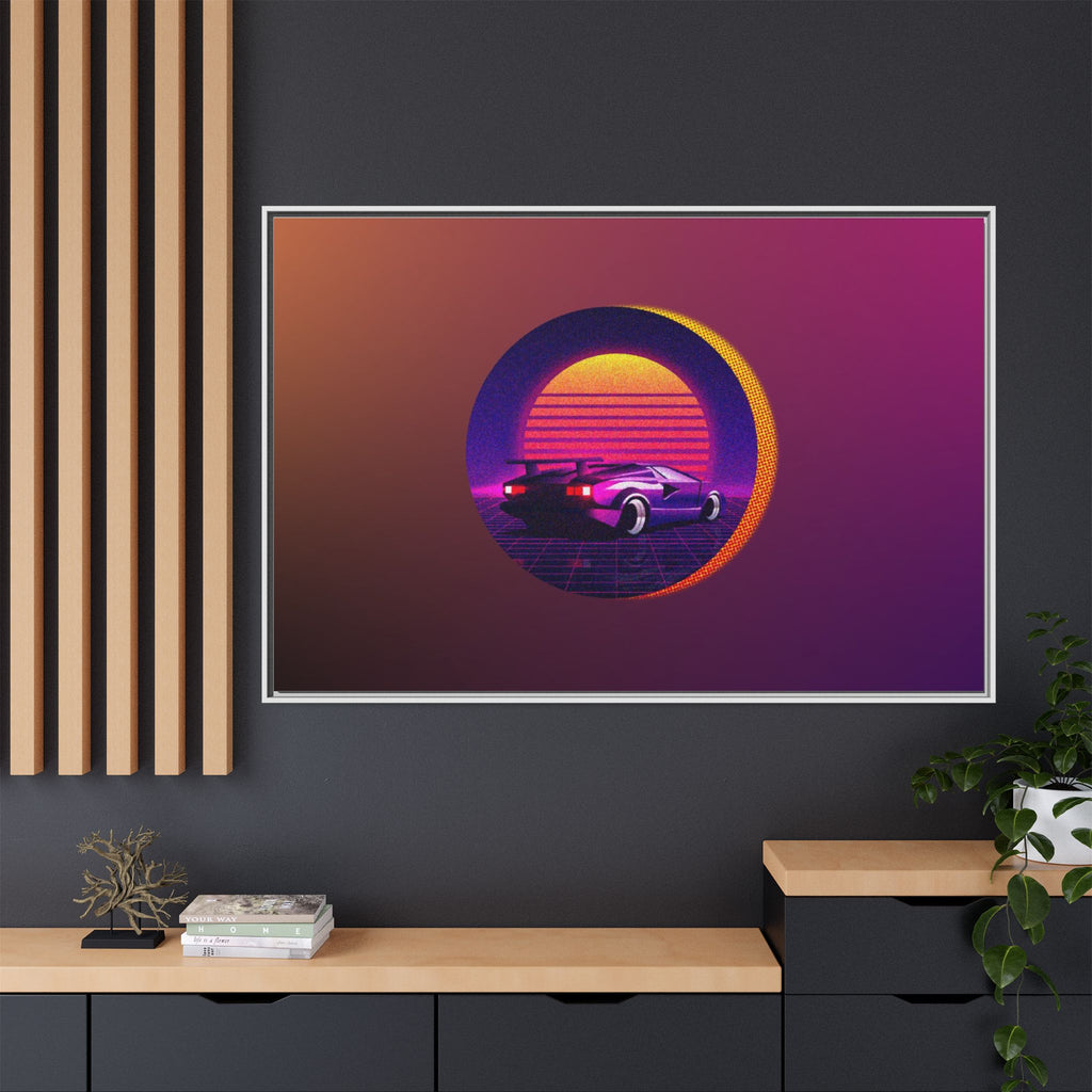 Retro Sunset Sports Car Matte Canvas Framed Wall Art