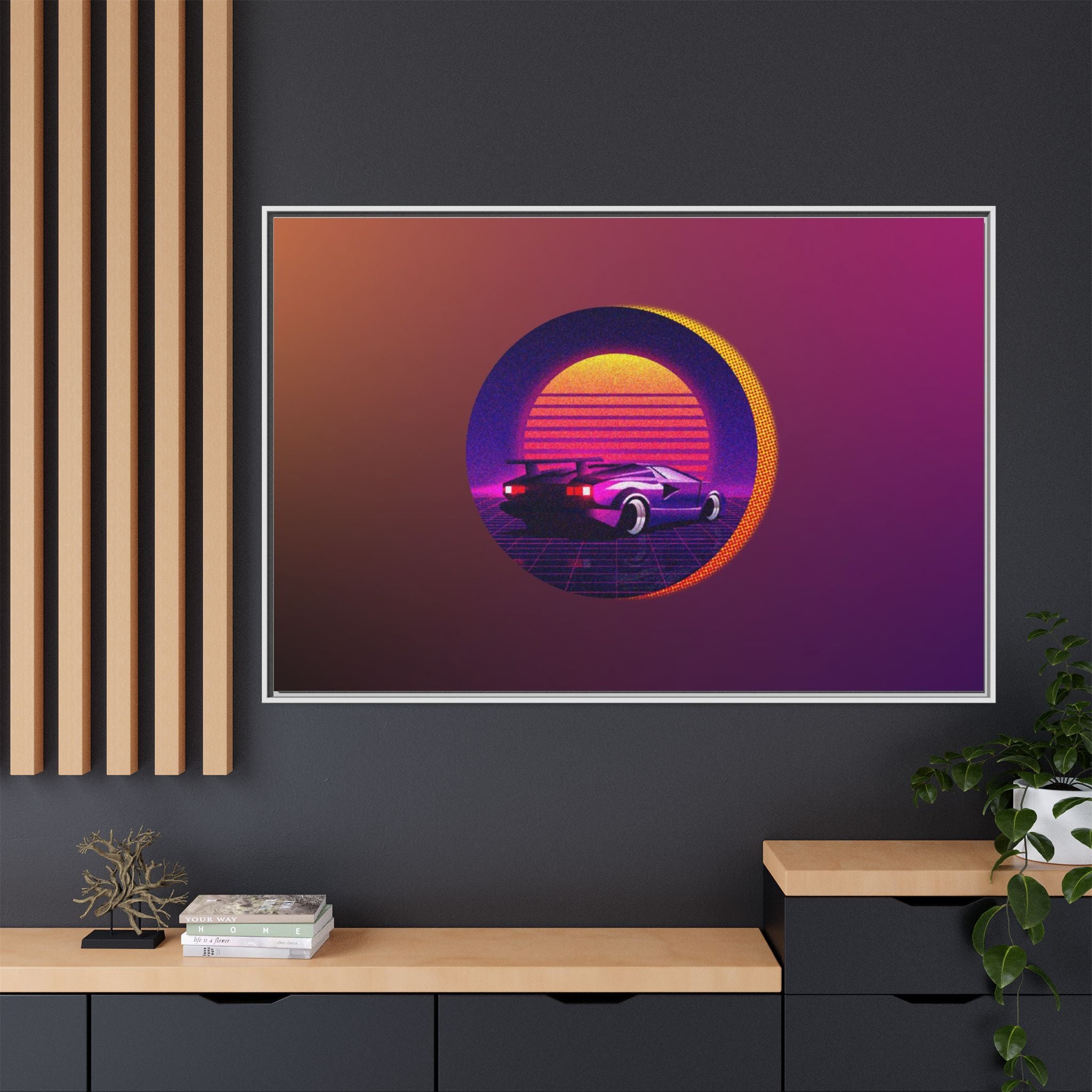 Retro Sunset Sports Car Matte Canvas Framed Wall Art