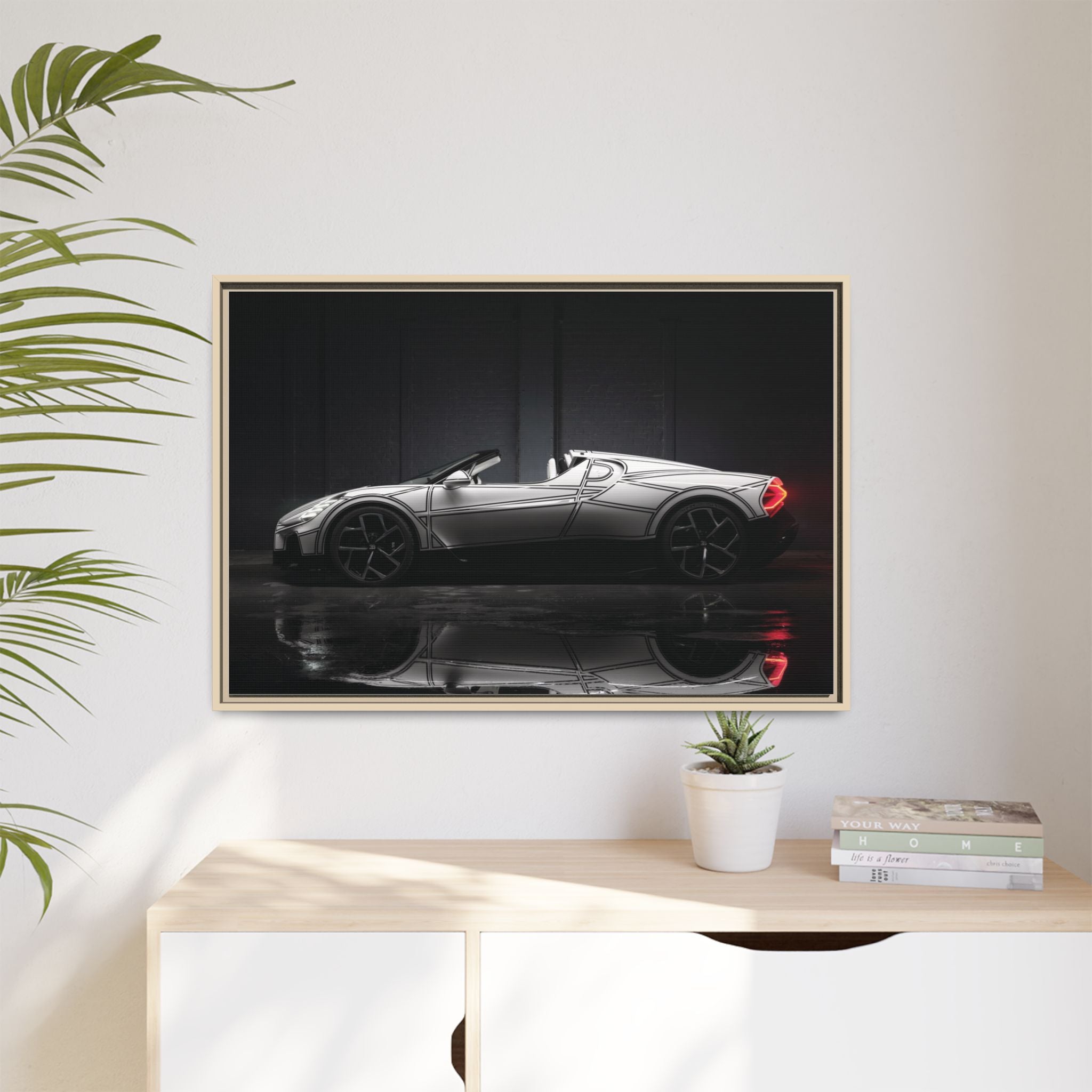 Framed Matte Canvas: Sleek Sports Car Reflection Wall Art