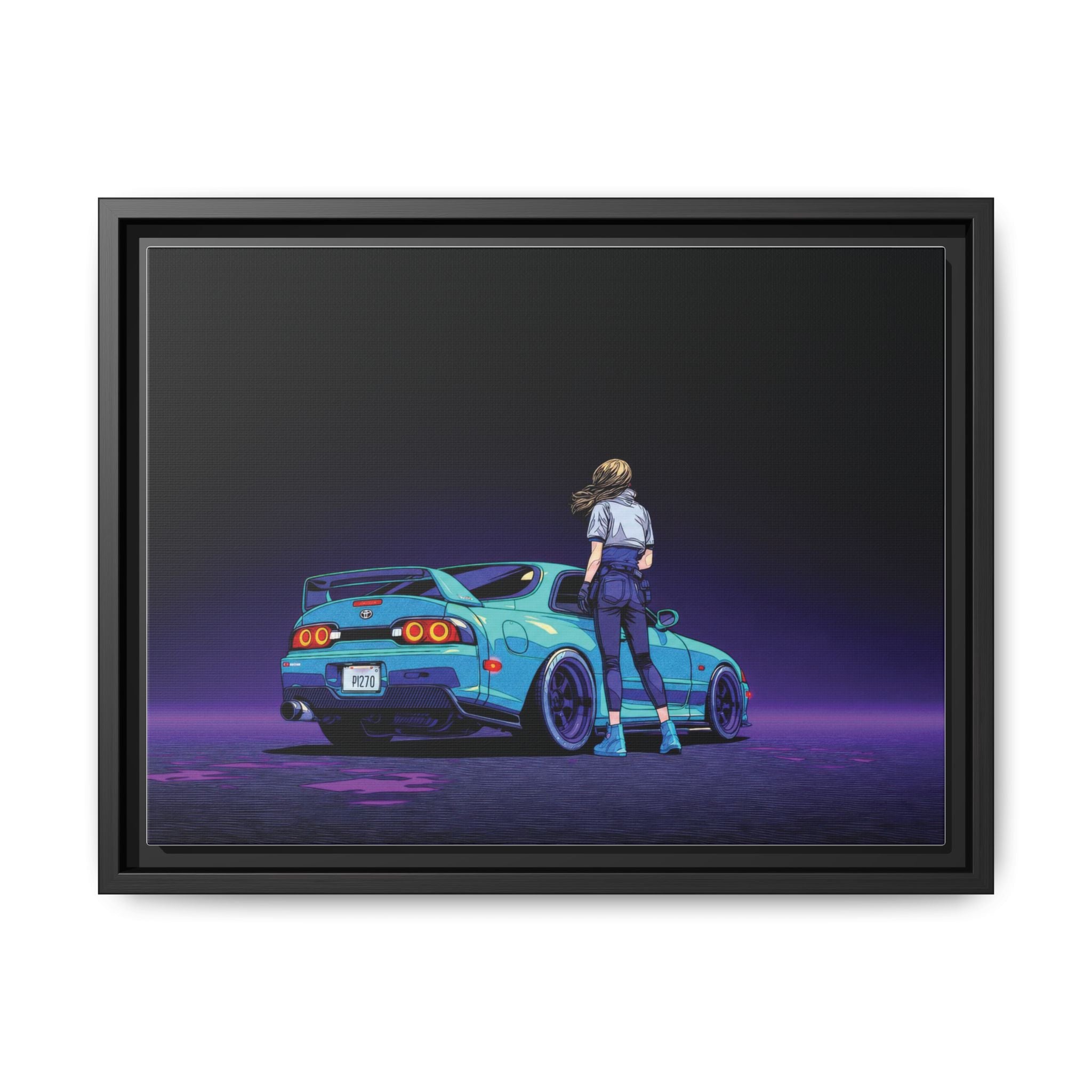 Retro Neon Race Car Poster Matte Canvas Framed | Anime Driver Wall Art