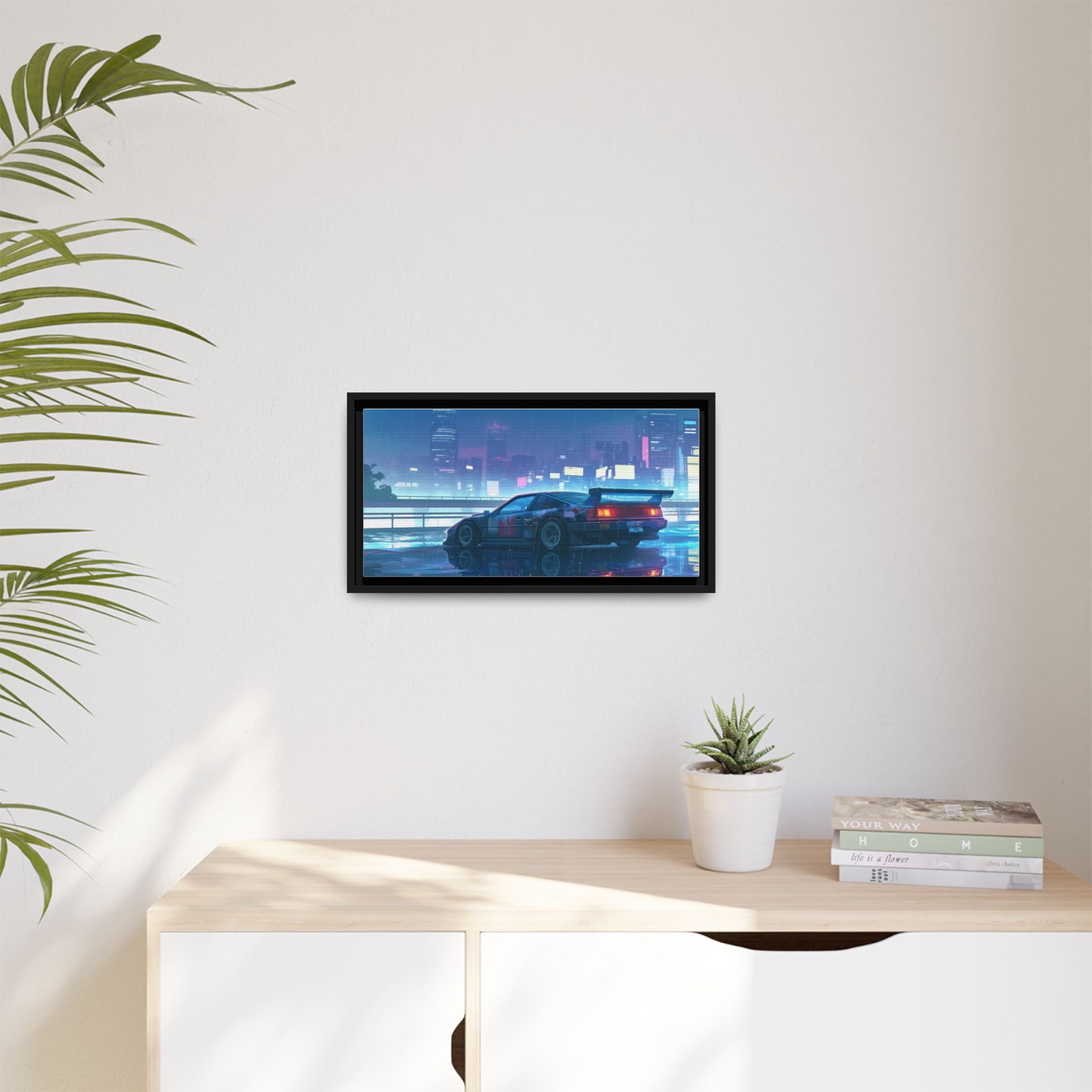 Retro Neon City Car Matte Canvas Print — Framed Wall Art