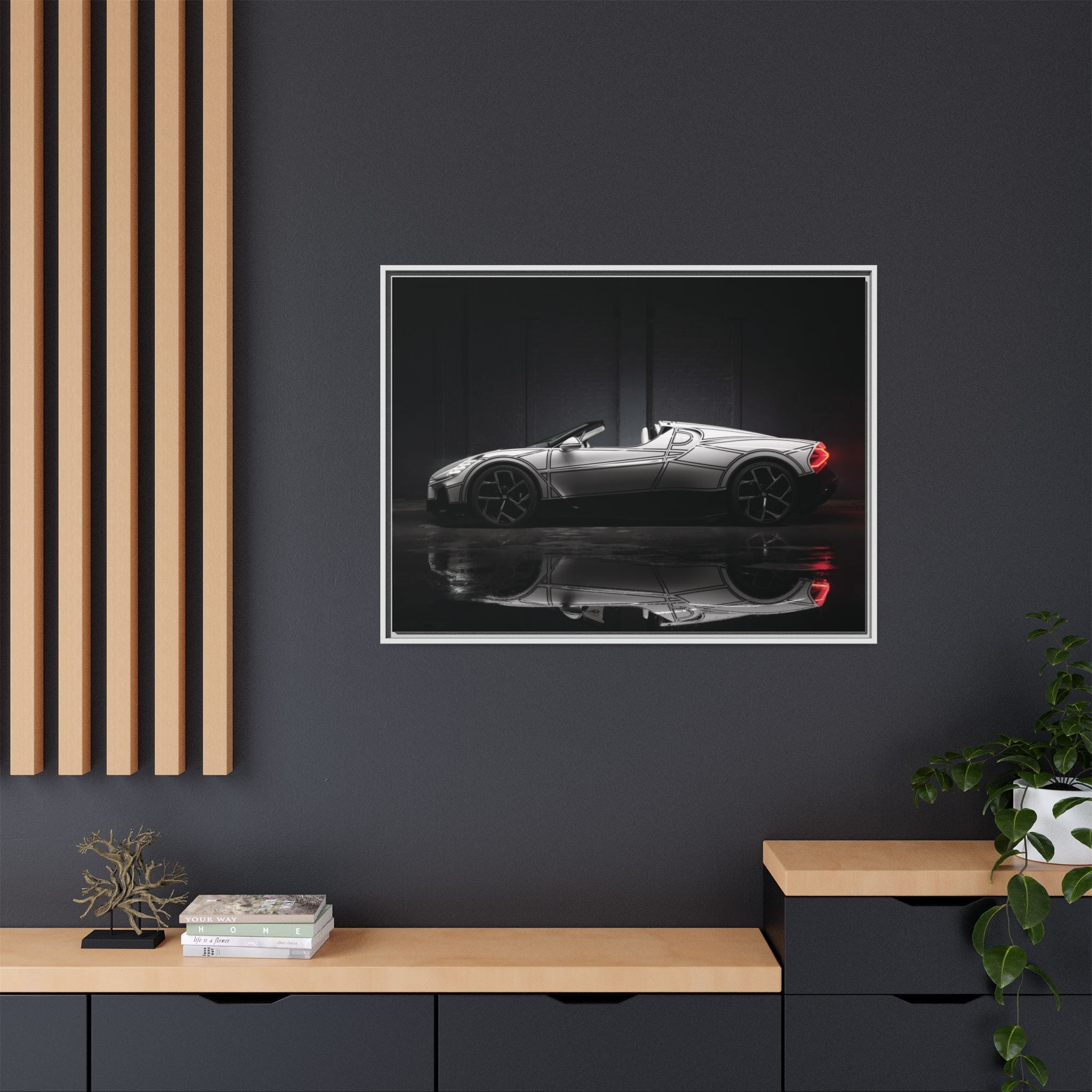 Framed Matte Canvas: Sleek Sports Car Reflection Wall Art
