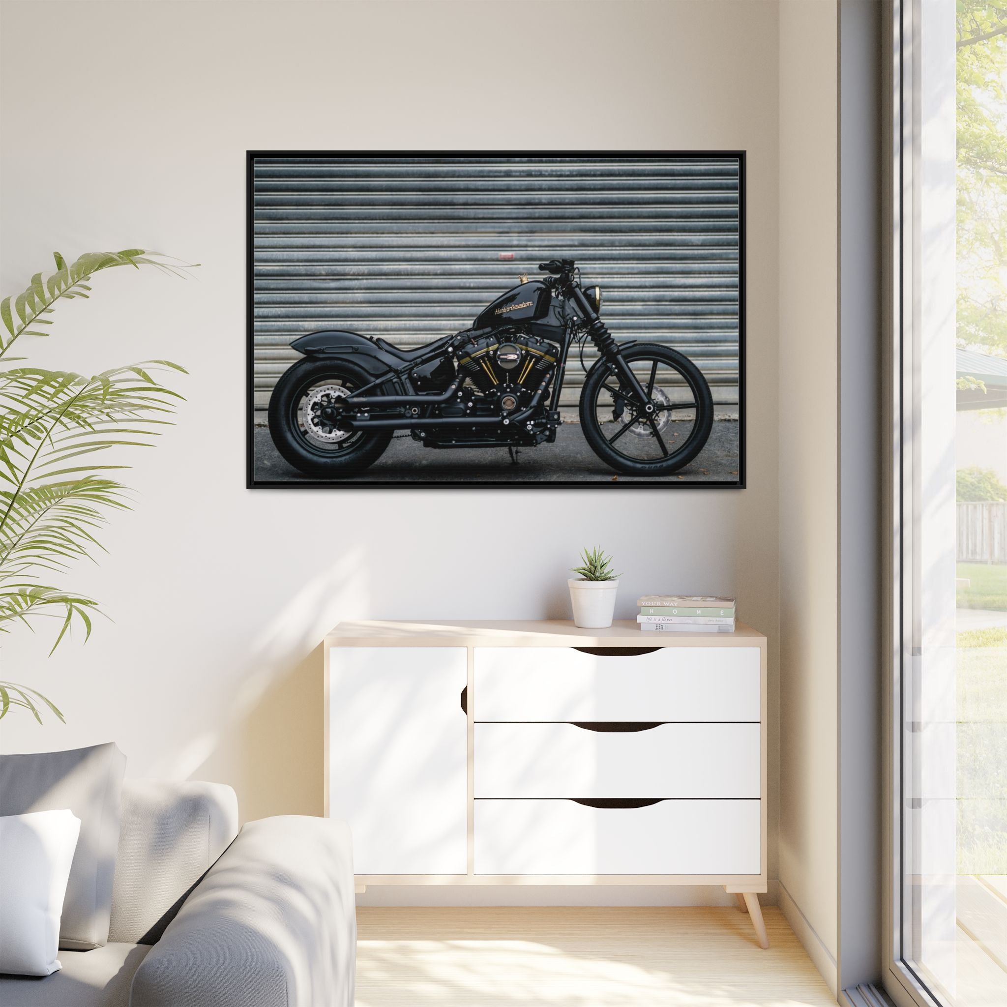 Framed Matte Canvas Motorcycle Print — Black Bobber Wall Art