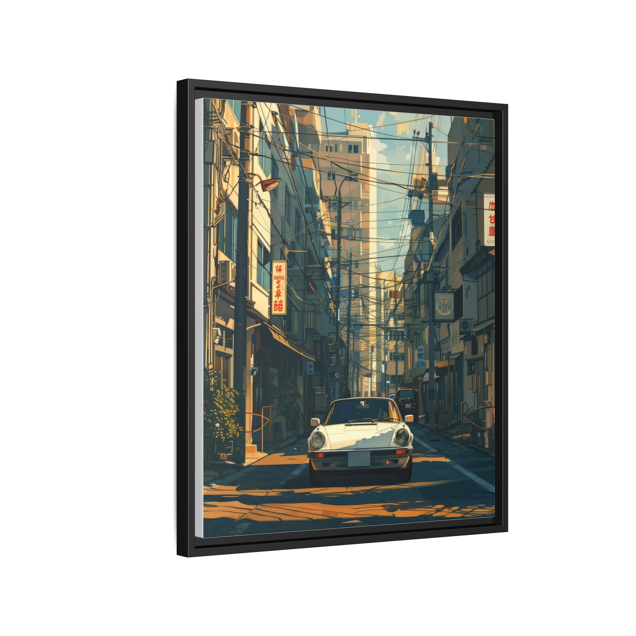 Vintage Sports Car Cityscape Framed Canvas Print