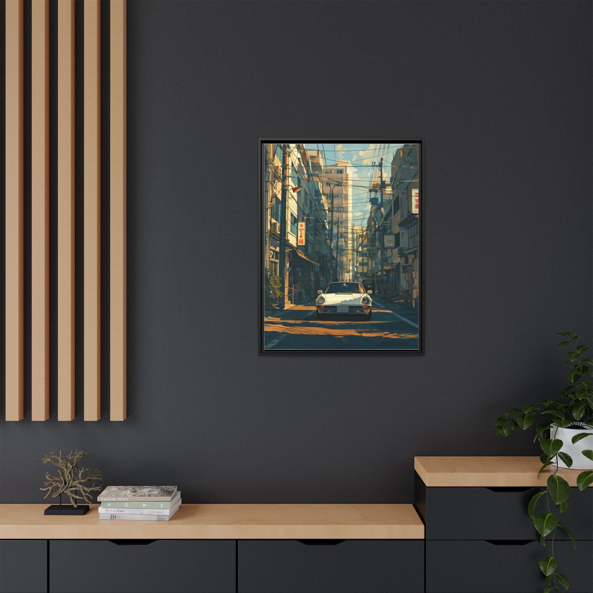 Vintage Sports Car Cityscape Framed Canvas Print