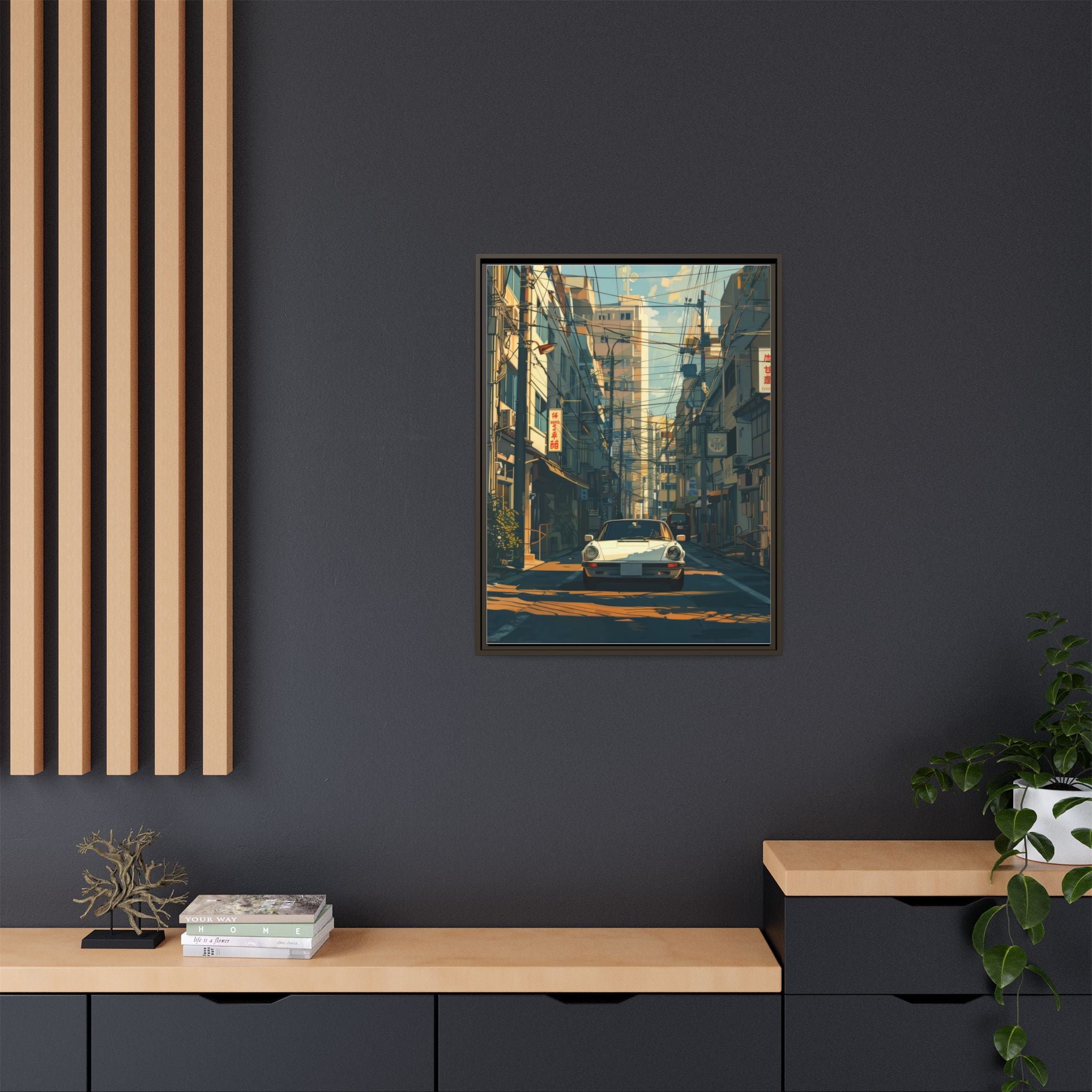 Vintage Sports Car Cityscape Framed Canvas Print