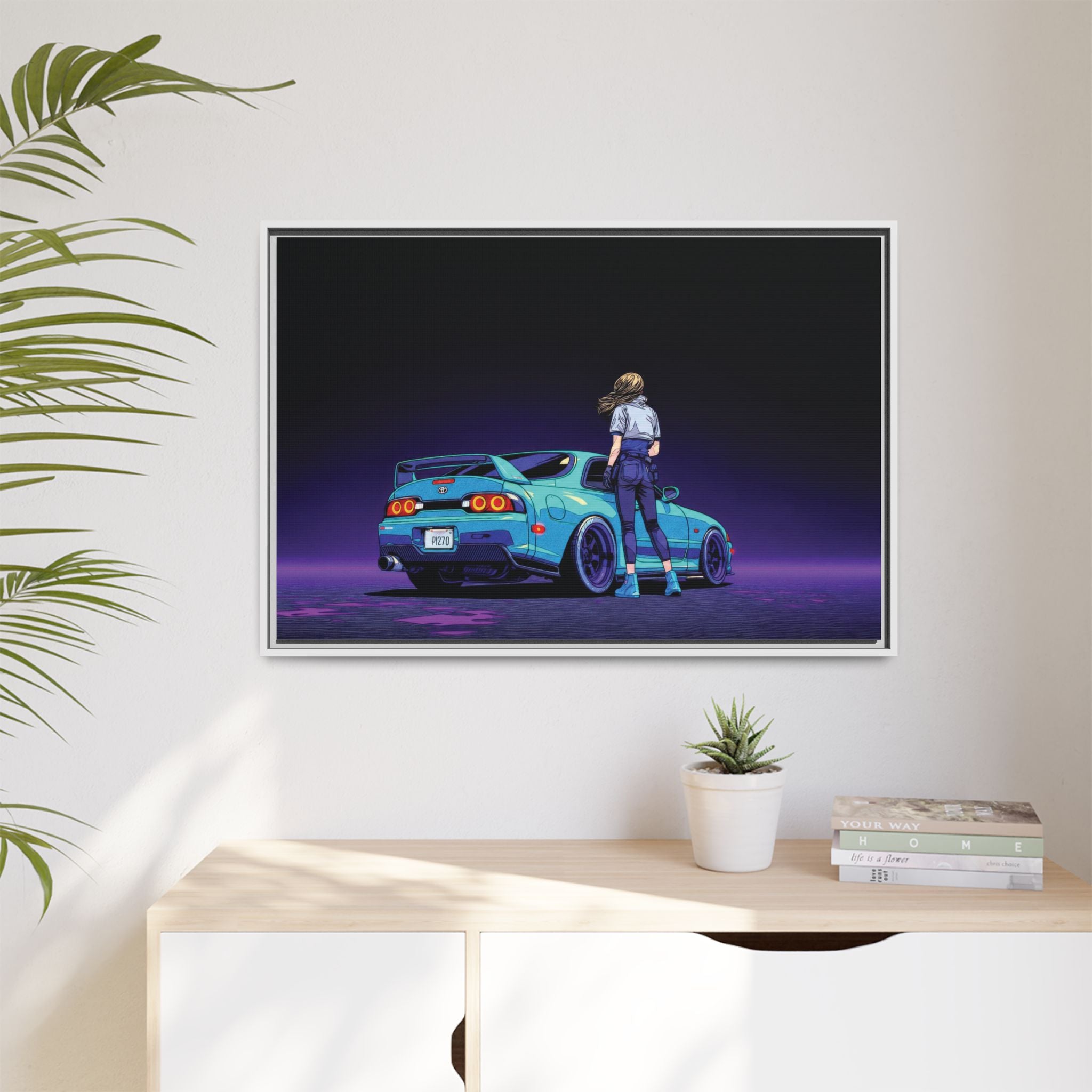 Retro Neon Race Car Poster Matte Canvas Framed | Anime Driver Wall Art