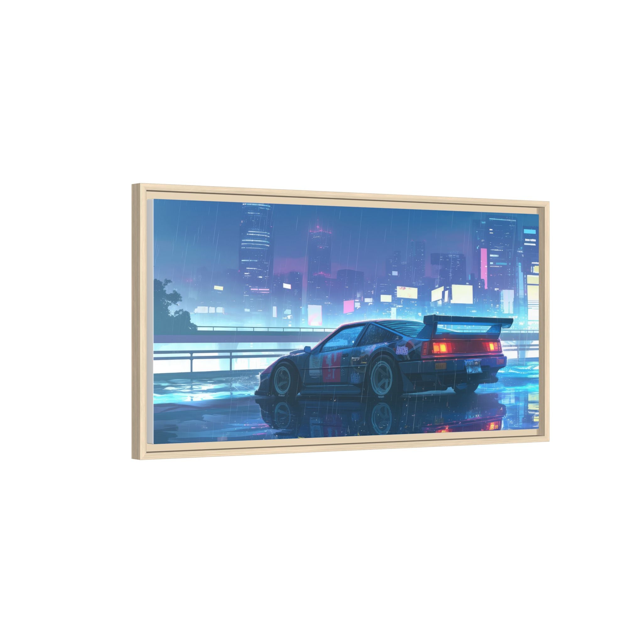 Retro Neon City Car Matte Canvas Print — Framed Wall Art