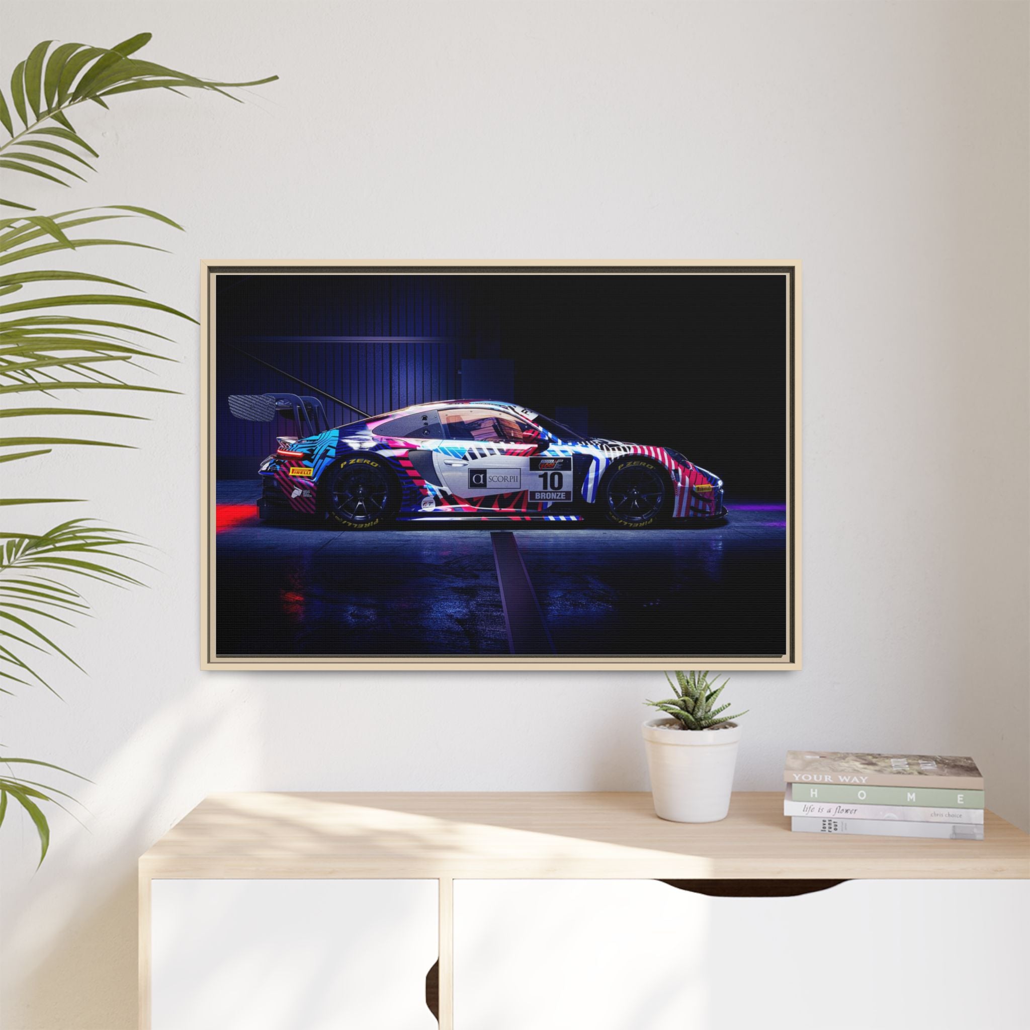 Framed Matte Canvas Print — Neon Racecar Wall Art