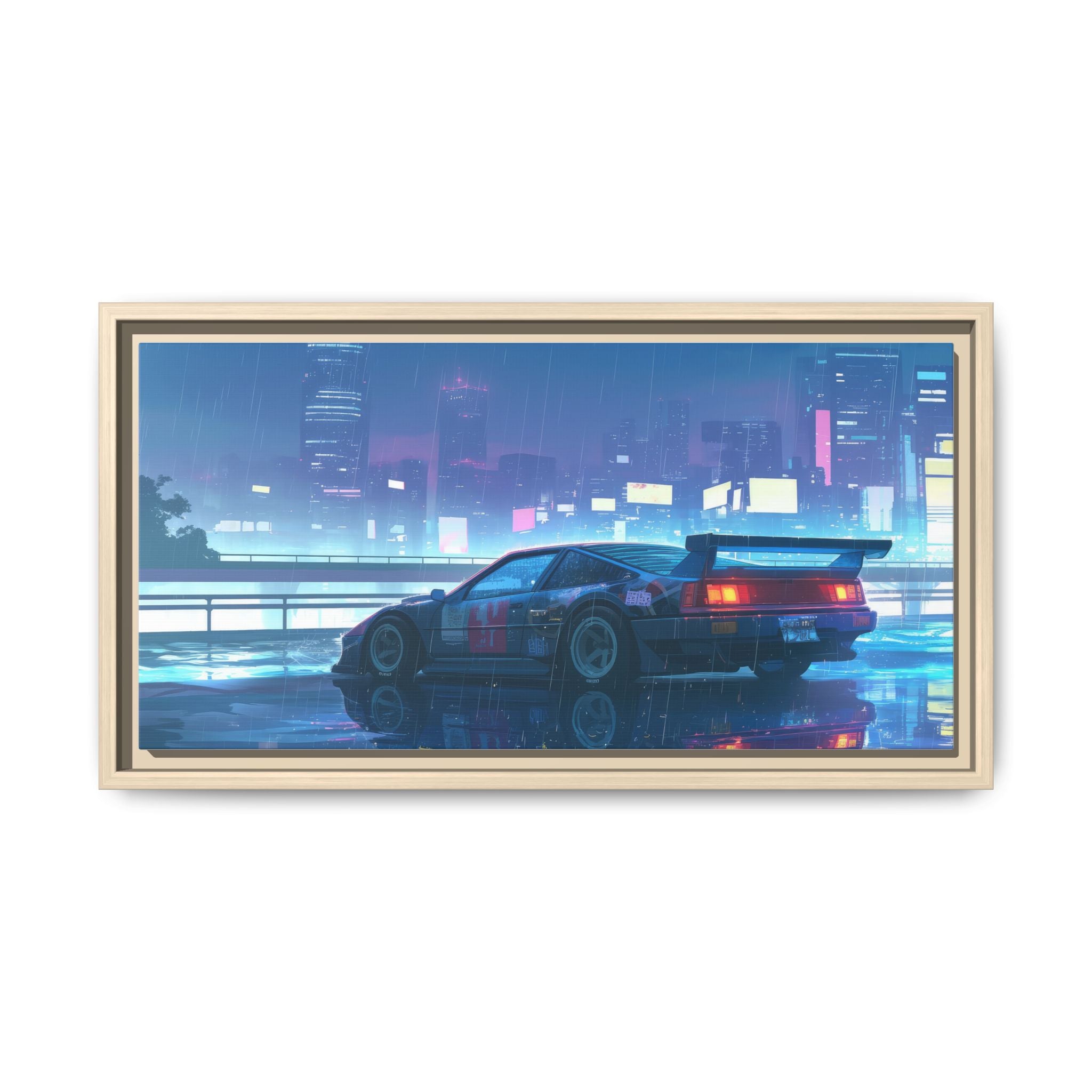 Retro Neon City Car Matte Canvas Print — Framed Wall Art