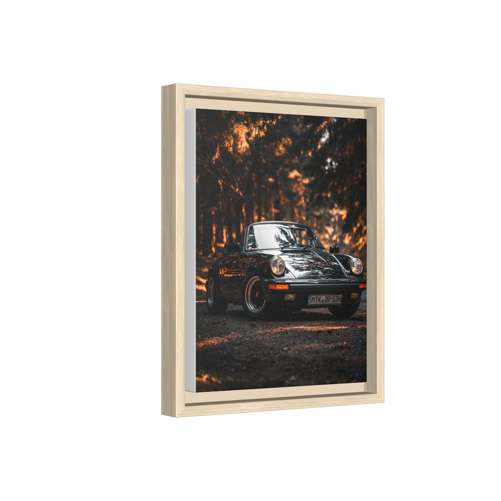 Framed Matte Canvas Print — Vintage Black Porsche in Autumn Forest