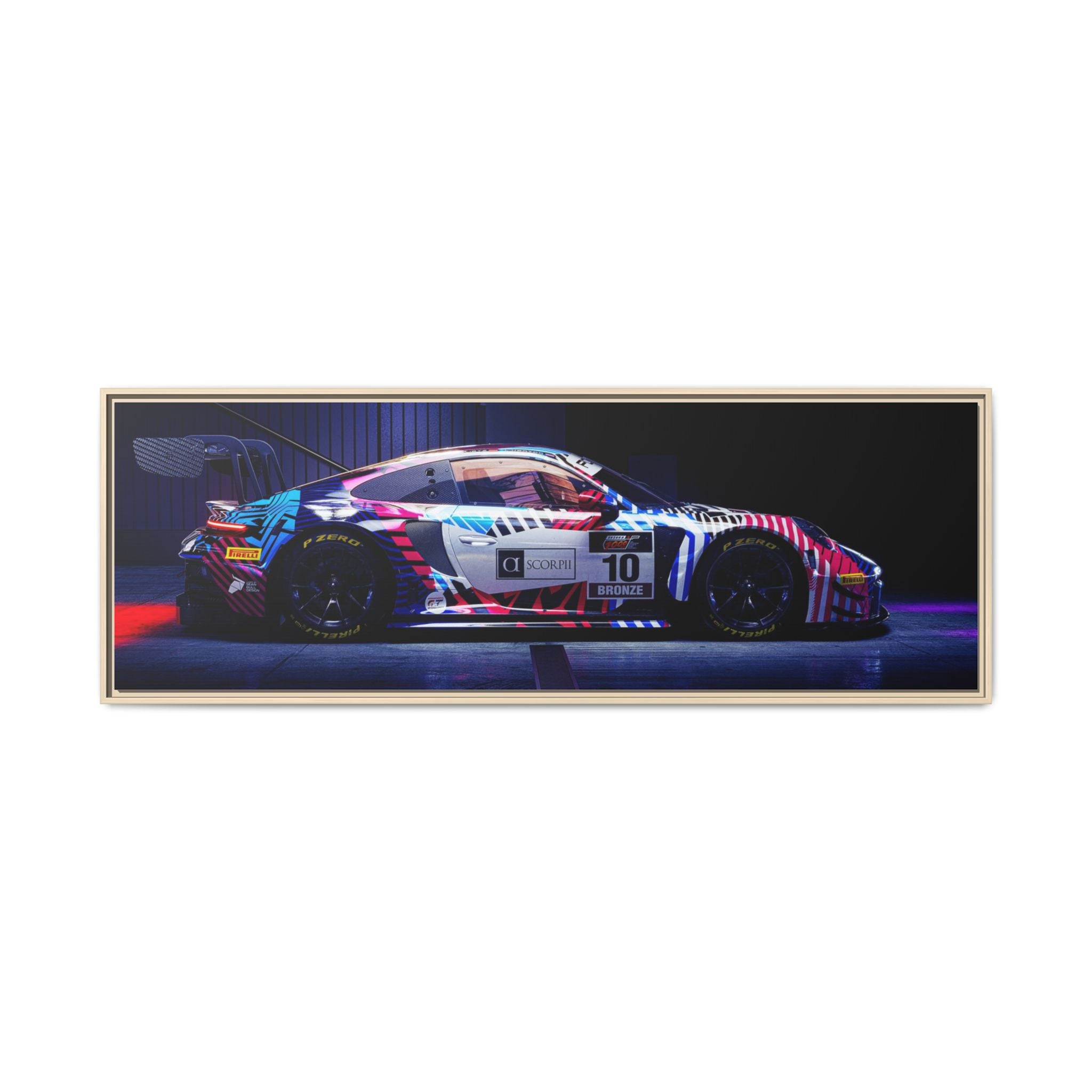Framed Matte Canvas Print — Neon Racecar Wall Art