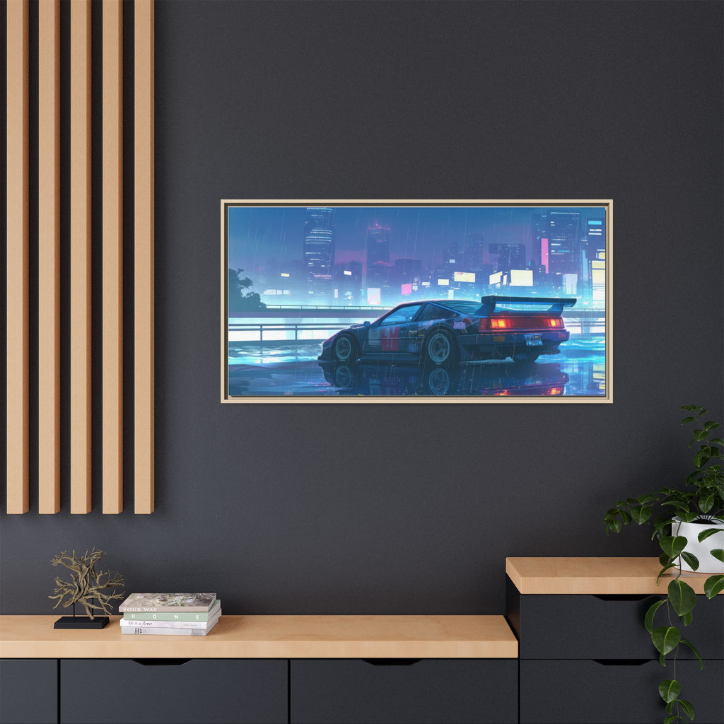 Retro Neon City Car Matte Canvas Print — Framed Wall Art