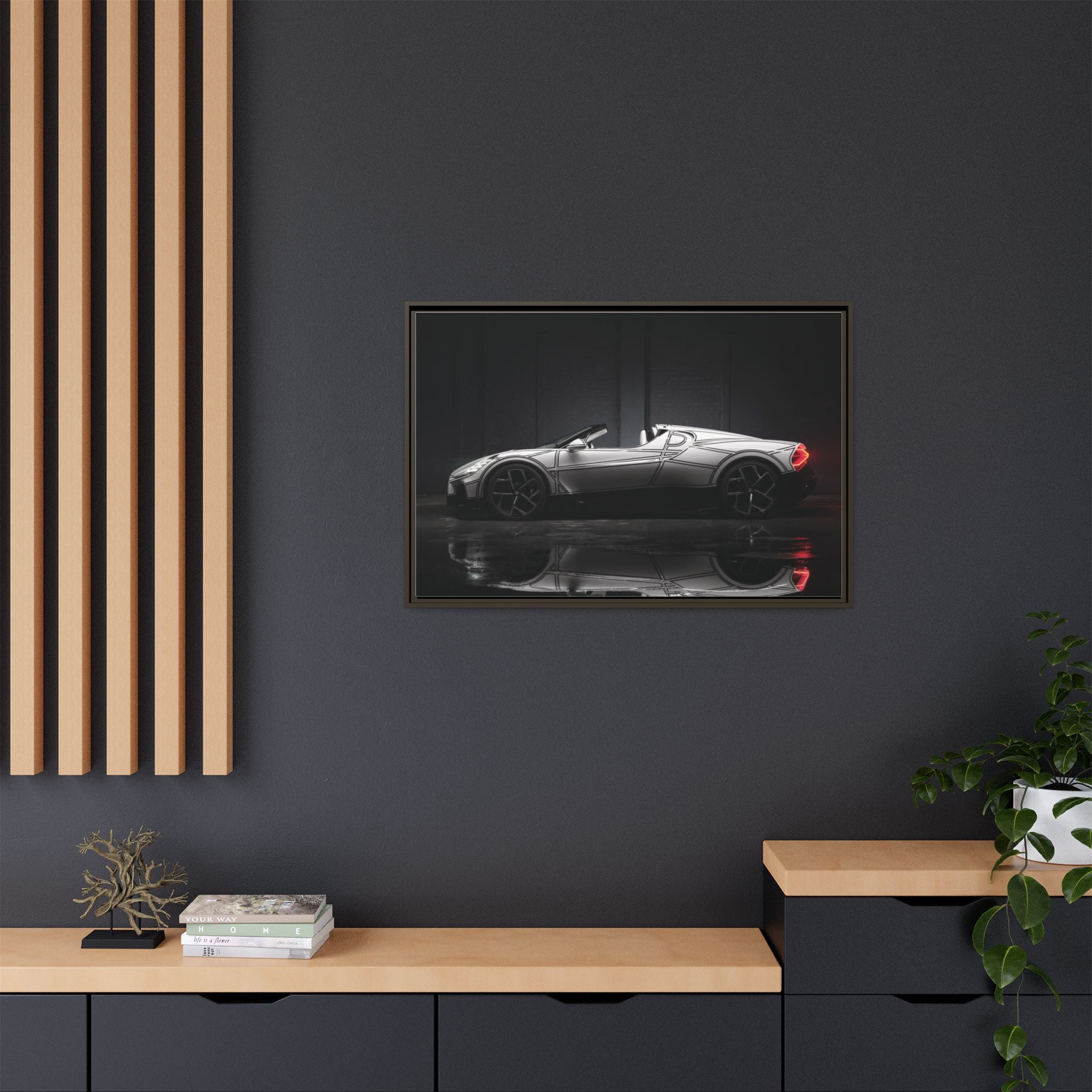 Framed Matte Canvas: Sleek Sports Car Reflection Wall Art