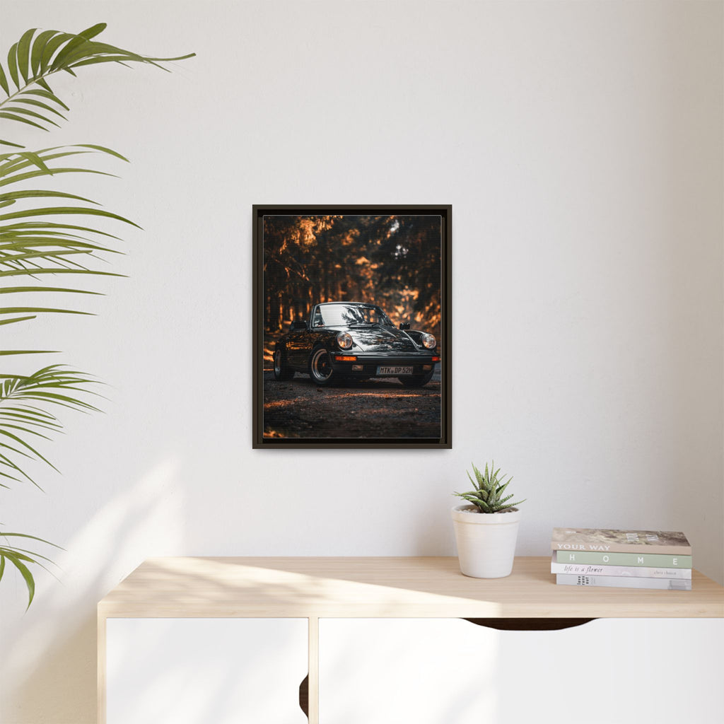 Framed Matte Canvas Print — Vintage Black Porsche in Autumn Forest