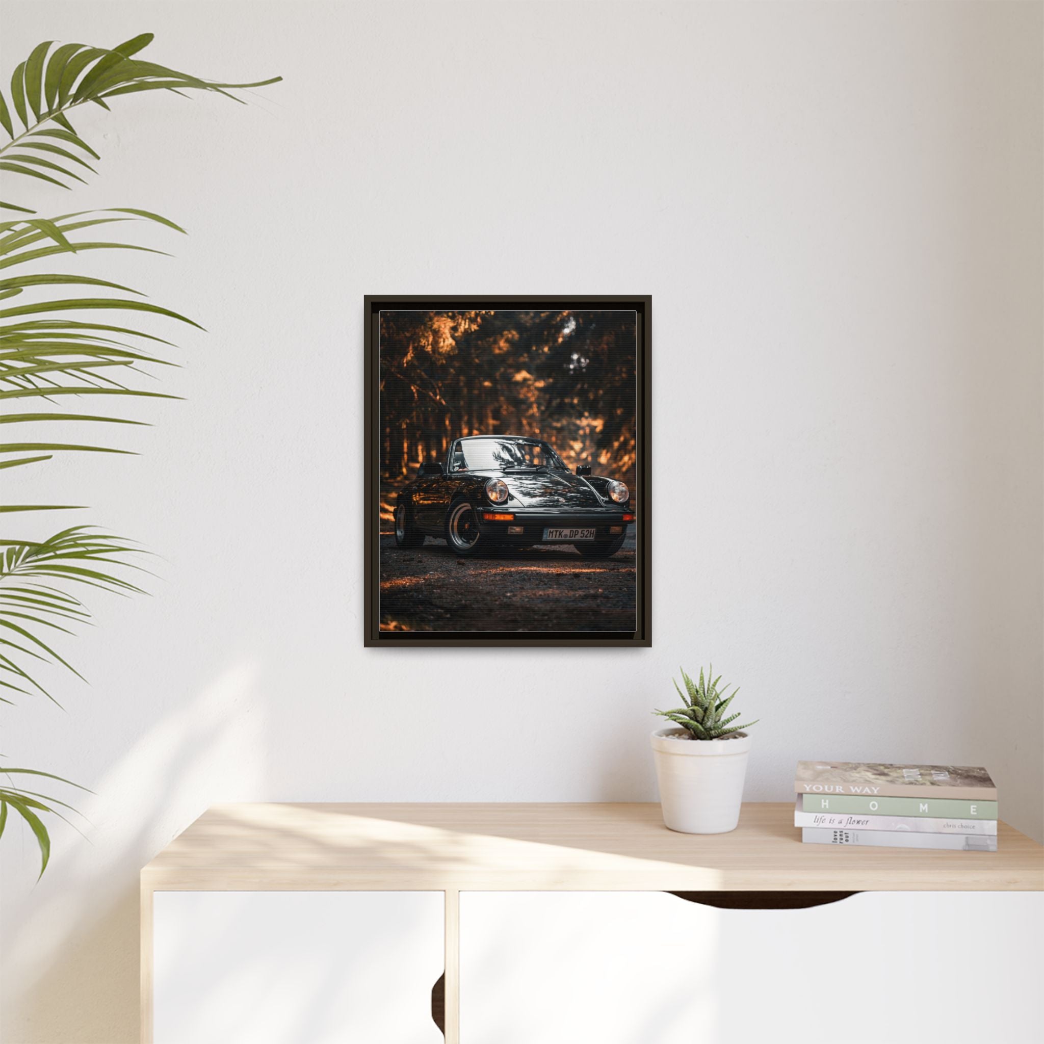Framed Matte Canvas Print — Vintage Black Porsche in Autumn Forest