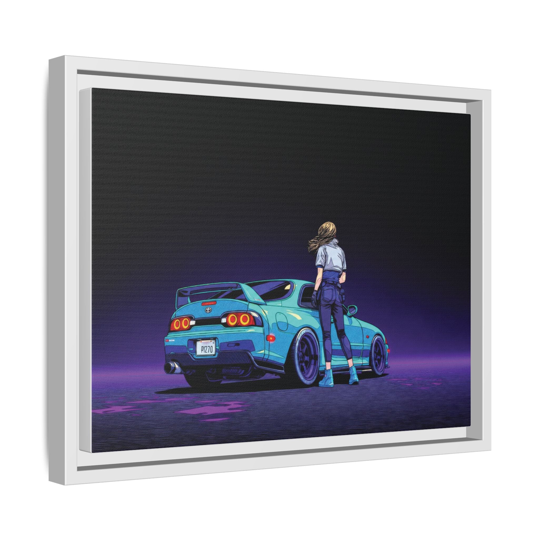 Retro Neon Race Car Poster Matte Canvas Framed | Anime Driver Wall Art