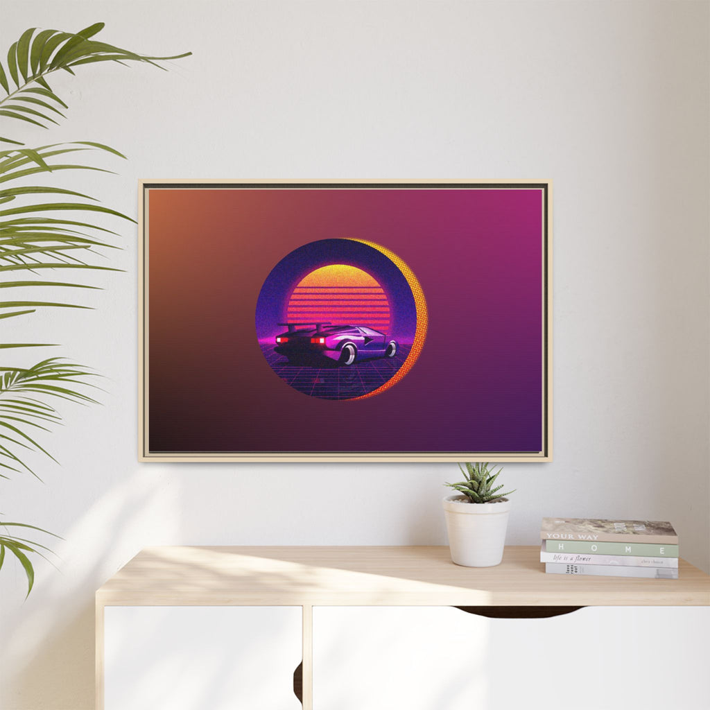 Retro Sunset Sports Car Matte Canvas Framed Wall Art