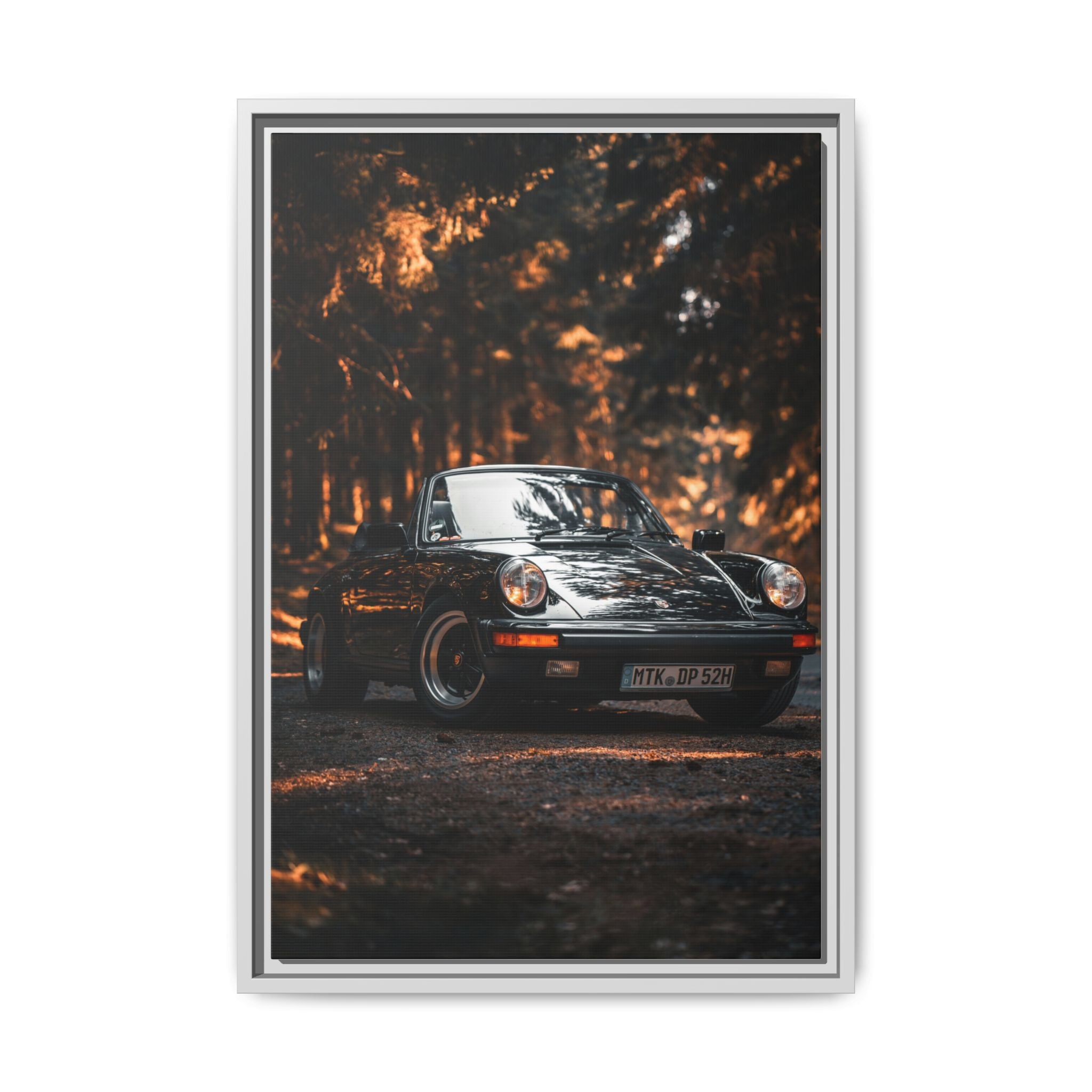 Framed Matte Canvas Print — Vintage Black Porsche in Autumn Forest