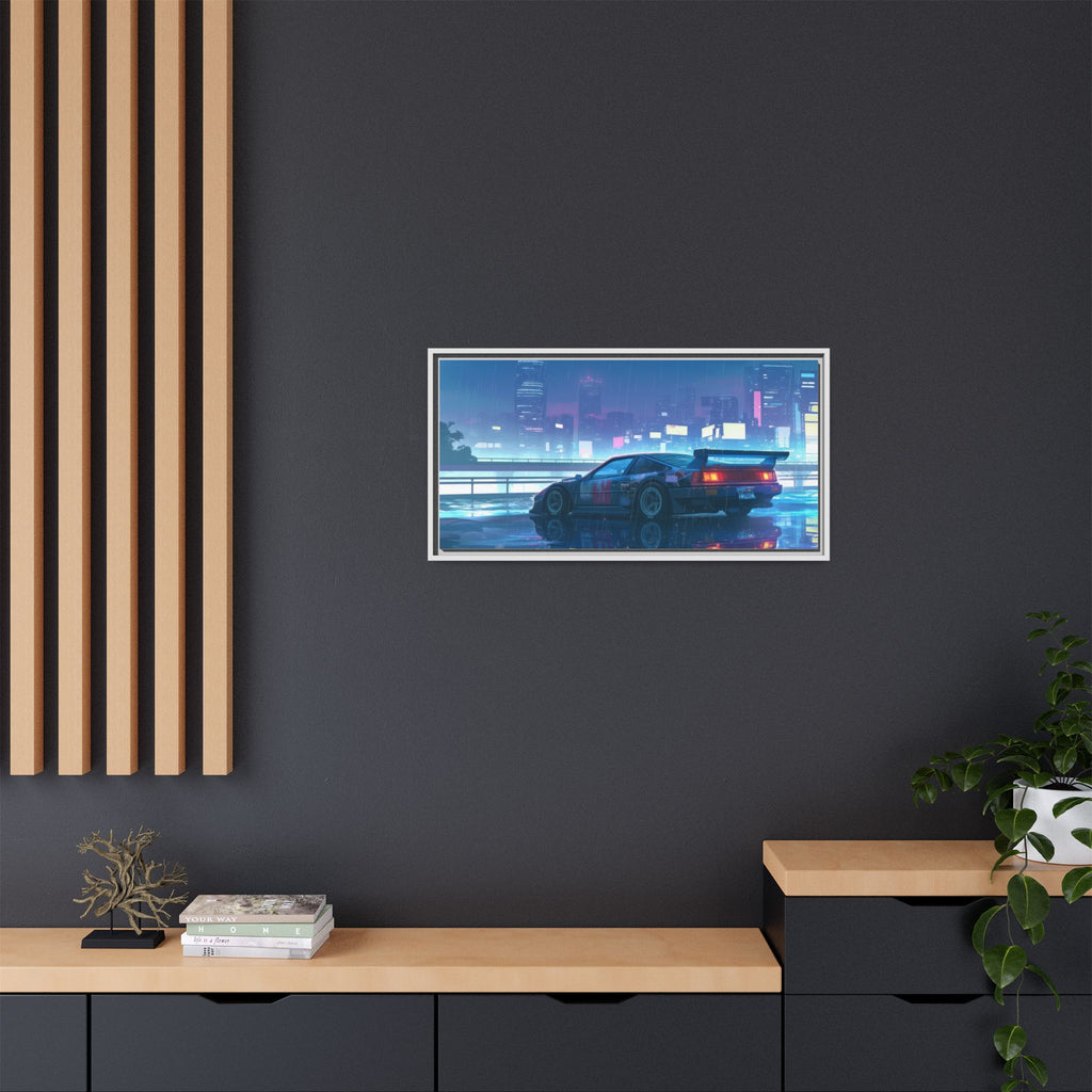 Retro Neon City Car Matte Canvas Print — Framed Wall Art