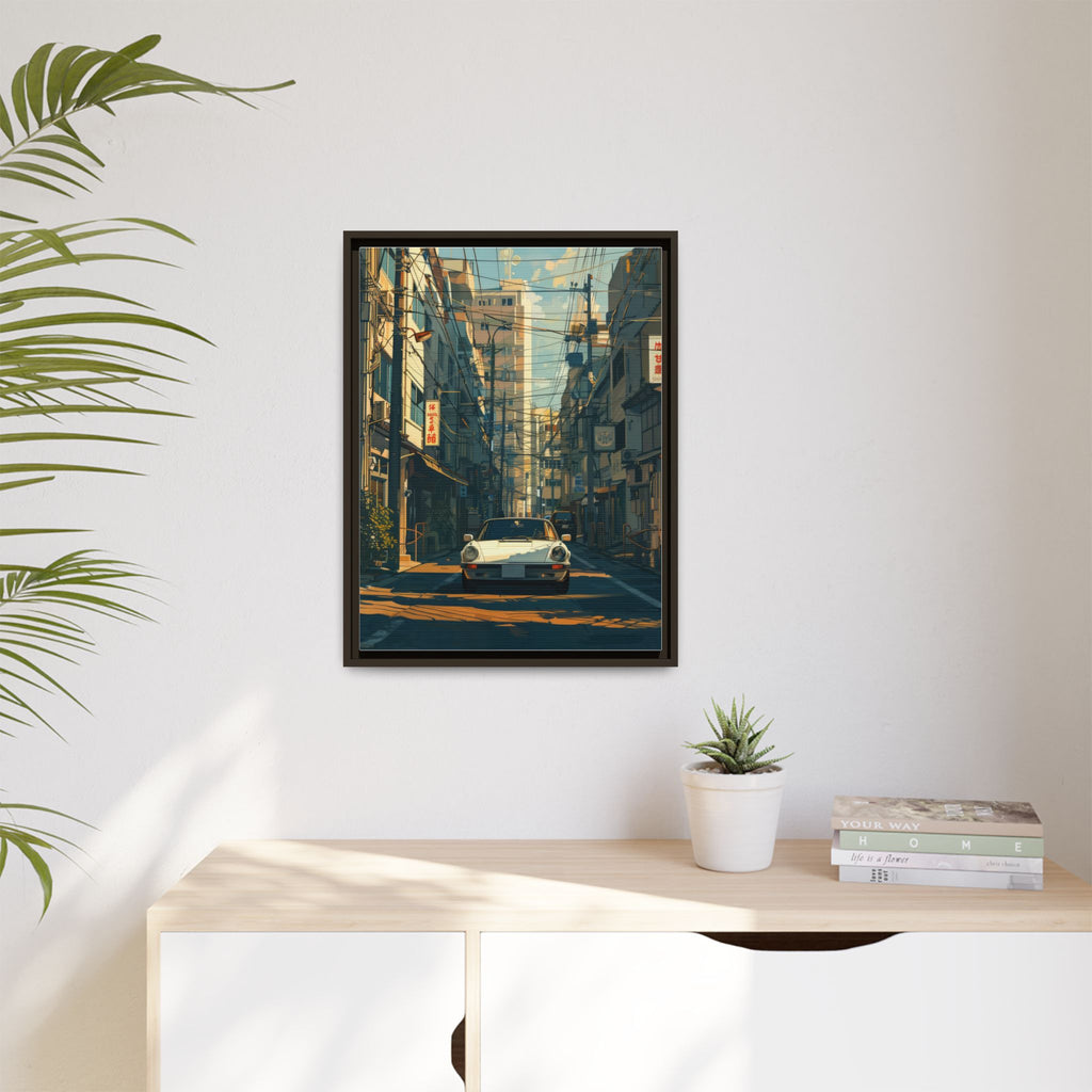 Vintage Sports Car Cityscape Framed Canvas Print
