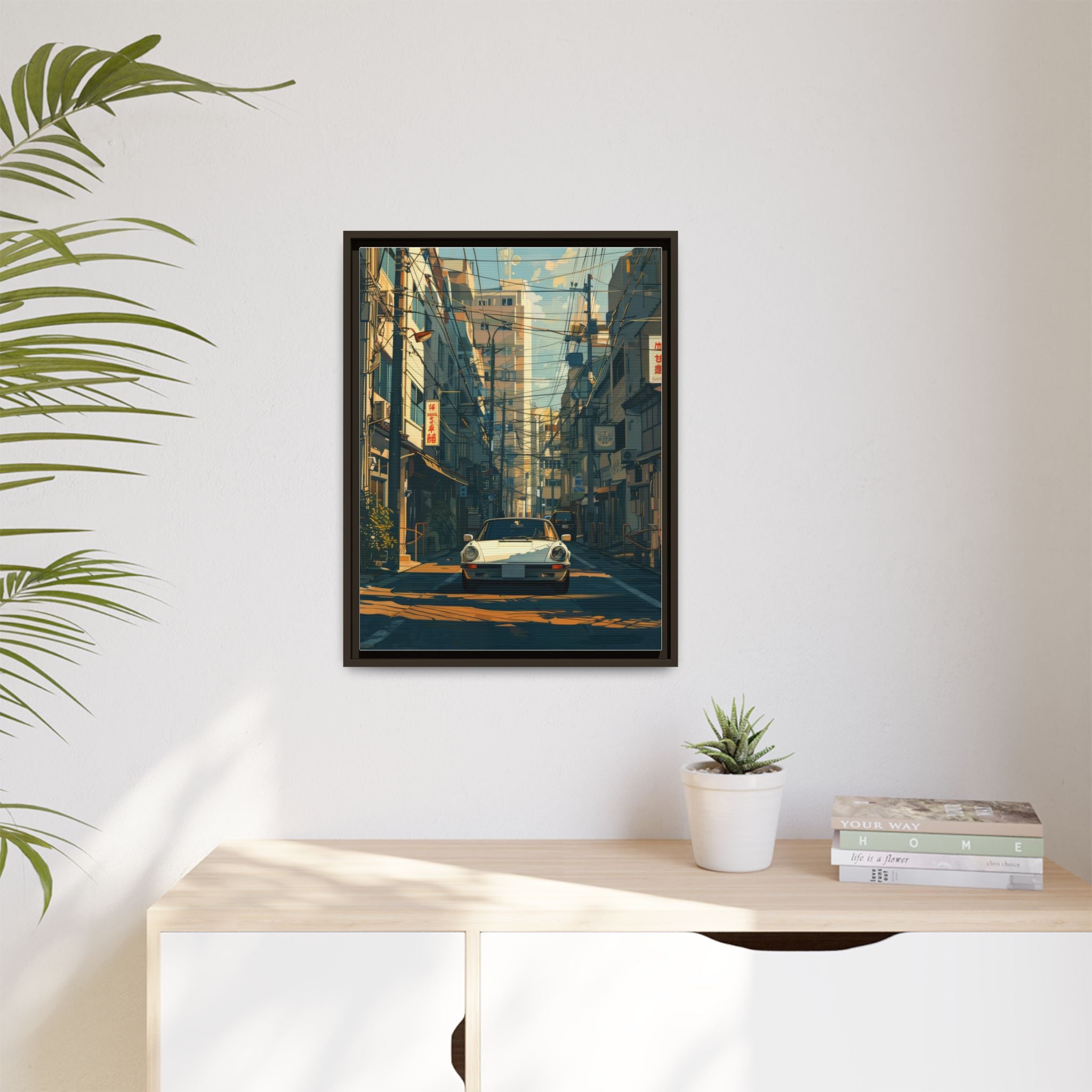 Vintage Sports Car Cityscape Framed Canvas Print
