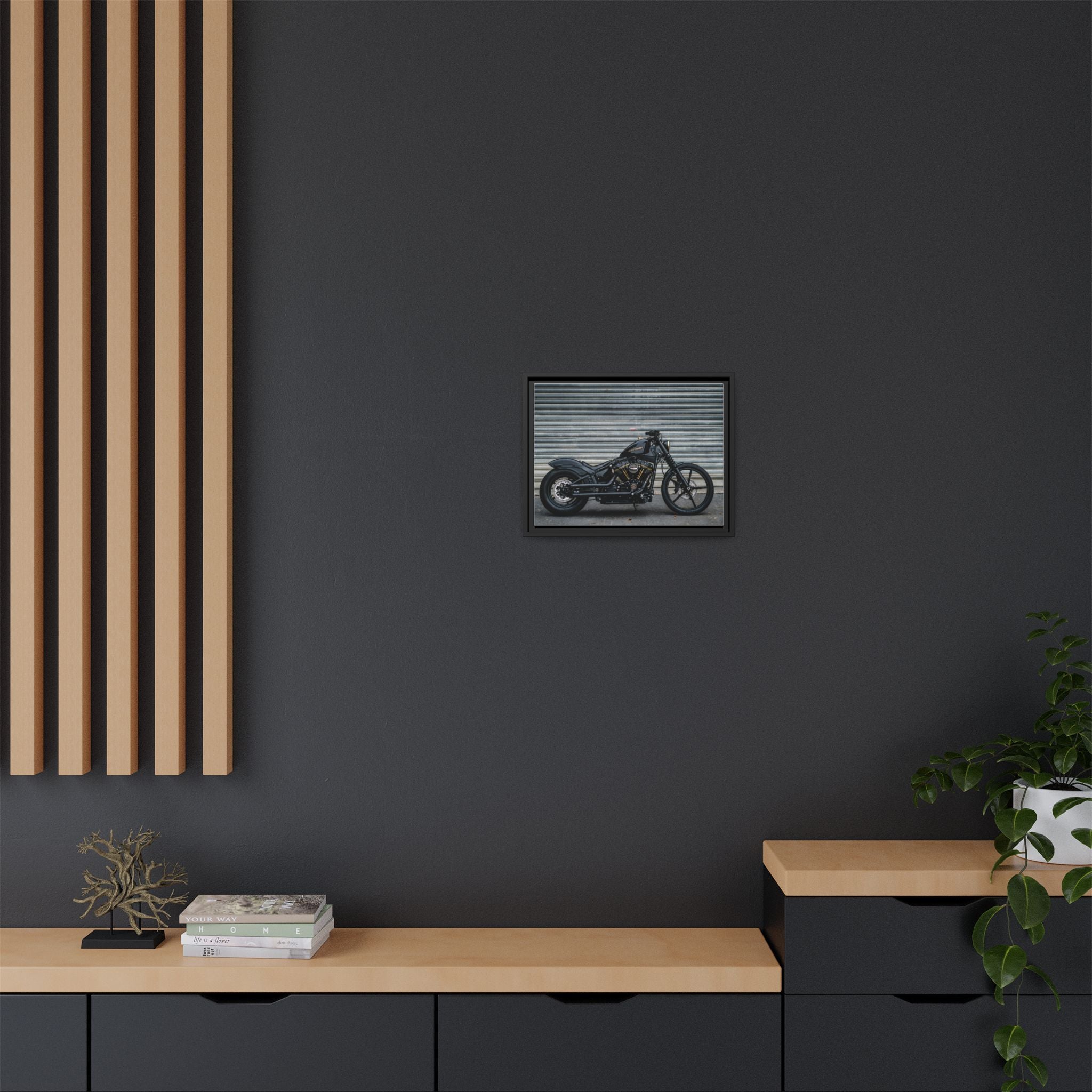 Framed Matte Canvas Motorcycle Print — Black Bobber Wall Art