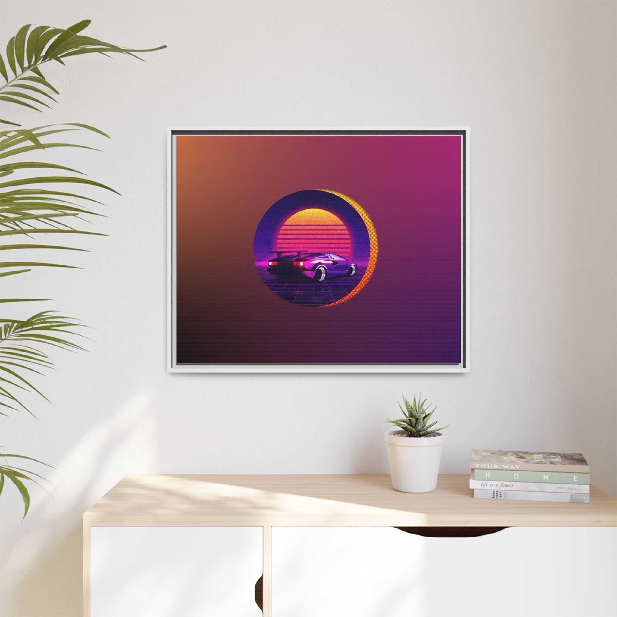 Retro Sunset Sports Car Matte Canvas Framed Wall Art