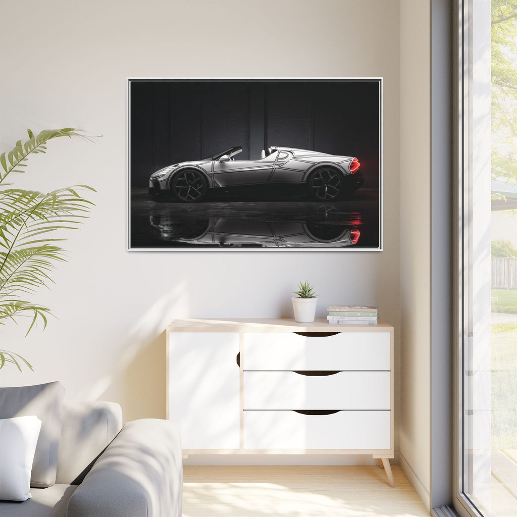 Framed Matte Canvas: Sleek Sports Car Reflection Wall Art