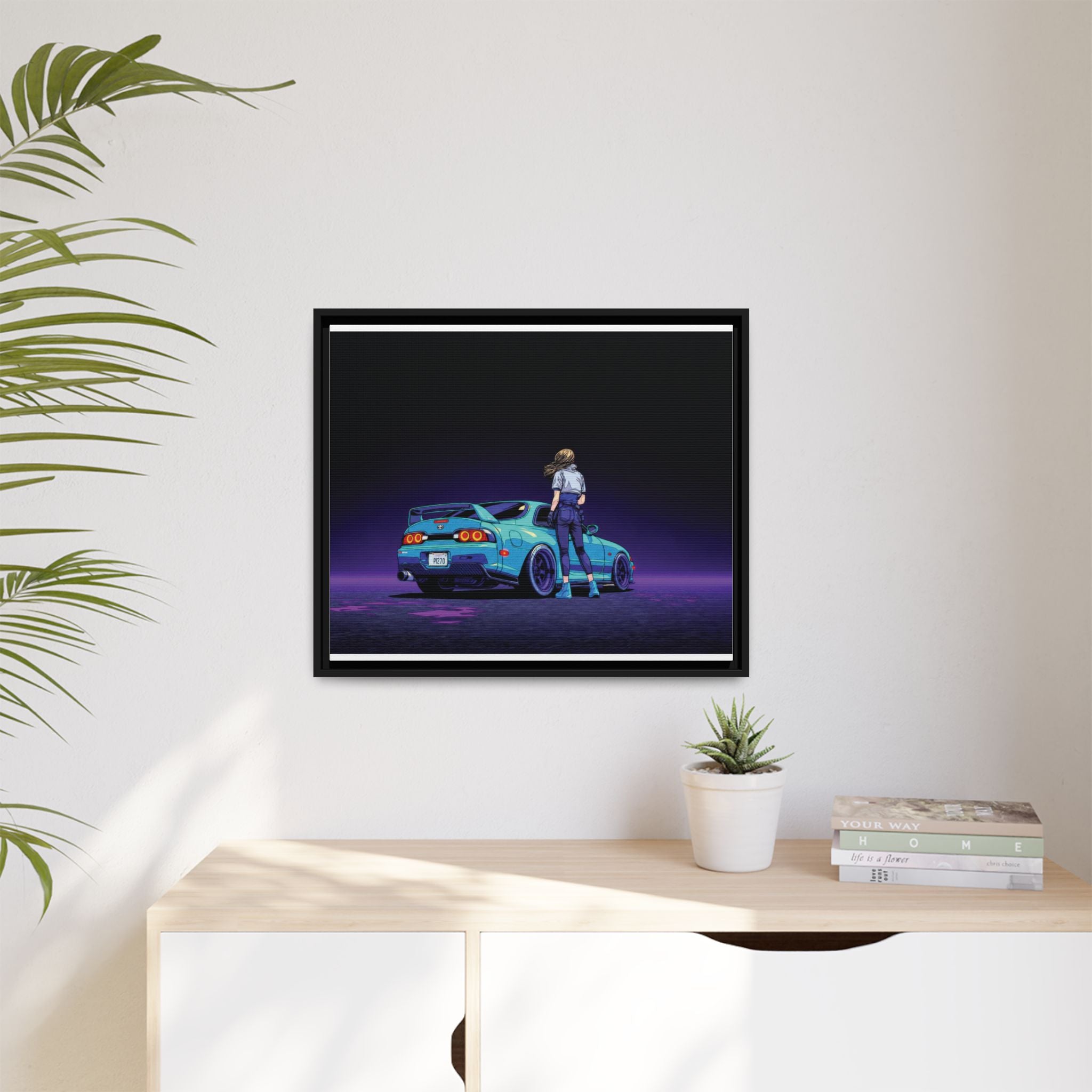 Retro Neon Race Car Poster Matte Canvas Framed | Anime Driver Wall Art