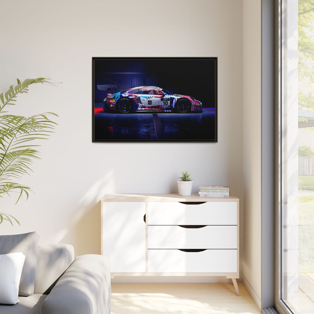 Framed Matte Canvas Print — Neon Racecar Wall Art